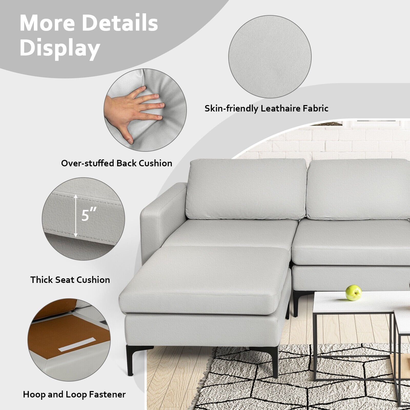 Modular L-shaped Sectional Sofa with Reversible Chaise and 2 USB Ports, Light Gray Sofas & Loveseats   at Gallery Canada