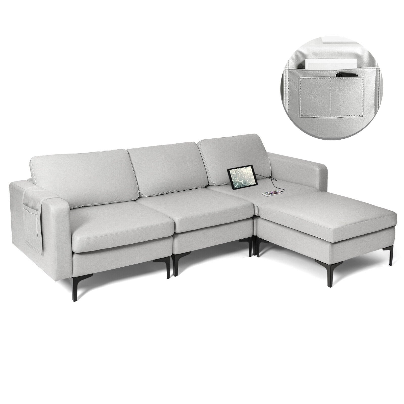 Modular L-shaped Sectional Sofa with Reversible Chaise and 2 USB Ports, Light Gray Sofas & Loveseats   at Gallery Canada