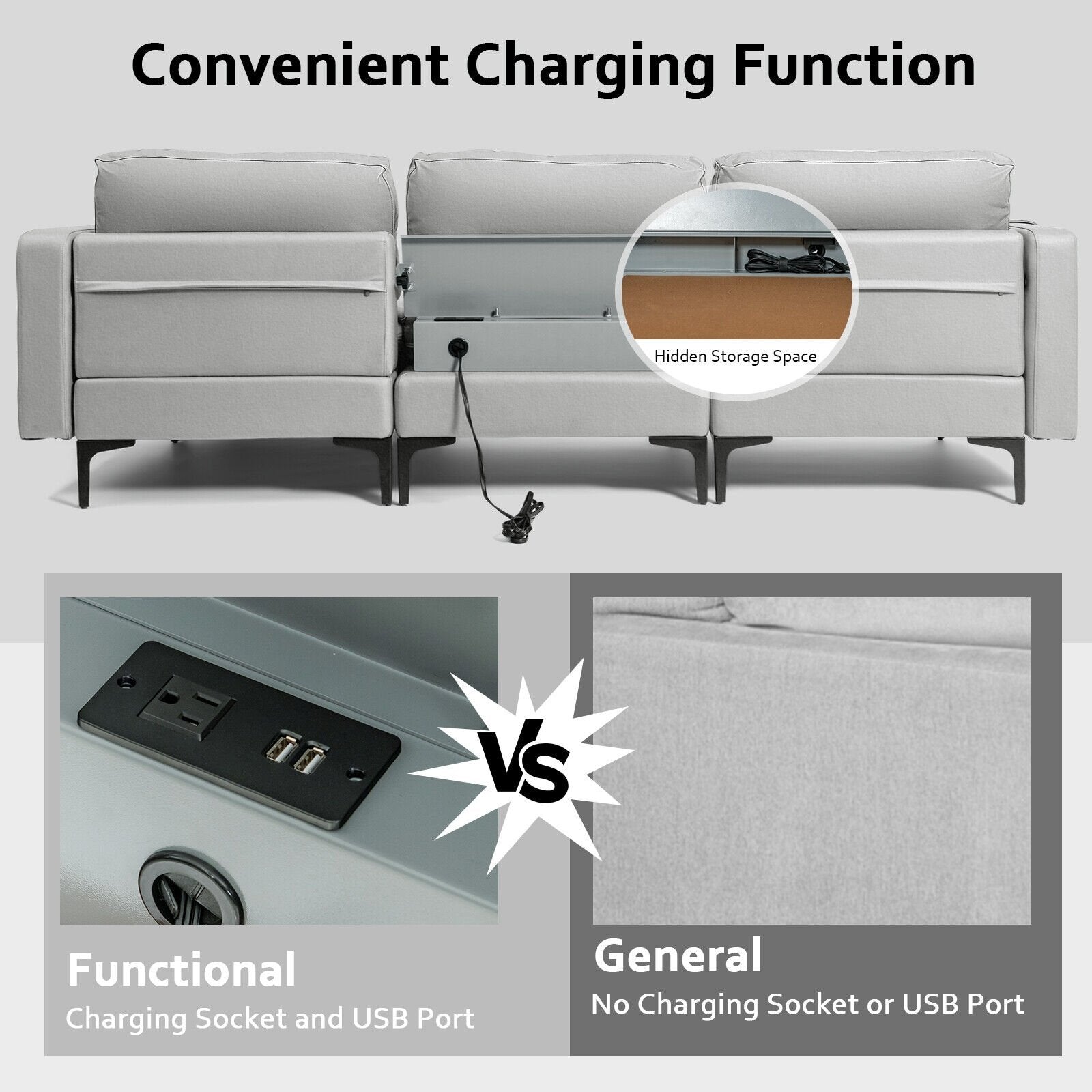 Modular L-shaped Sectional Sofa with Reversible Chaise and 2 USB Ports, Light Gray Sofas & Loveseats   at Gallery Canada