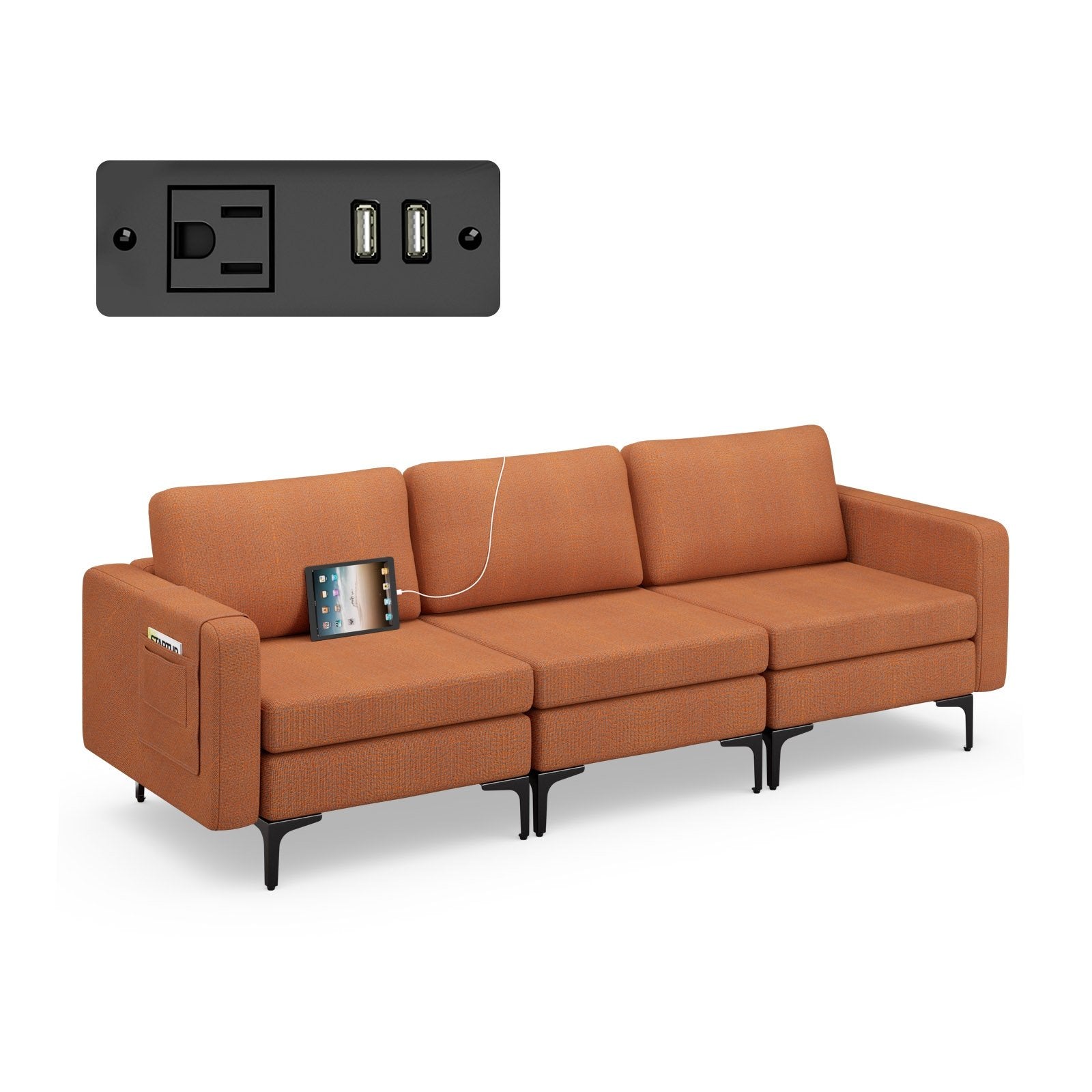 Convertible Leather Sofa Couch with Magazine Pockets 3-Seat with 2 USB Port, Orange Sofas & Loveseats   at Gallery Canada