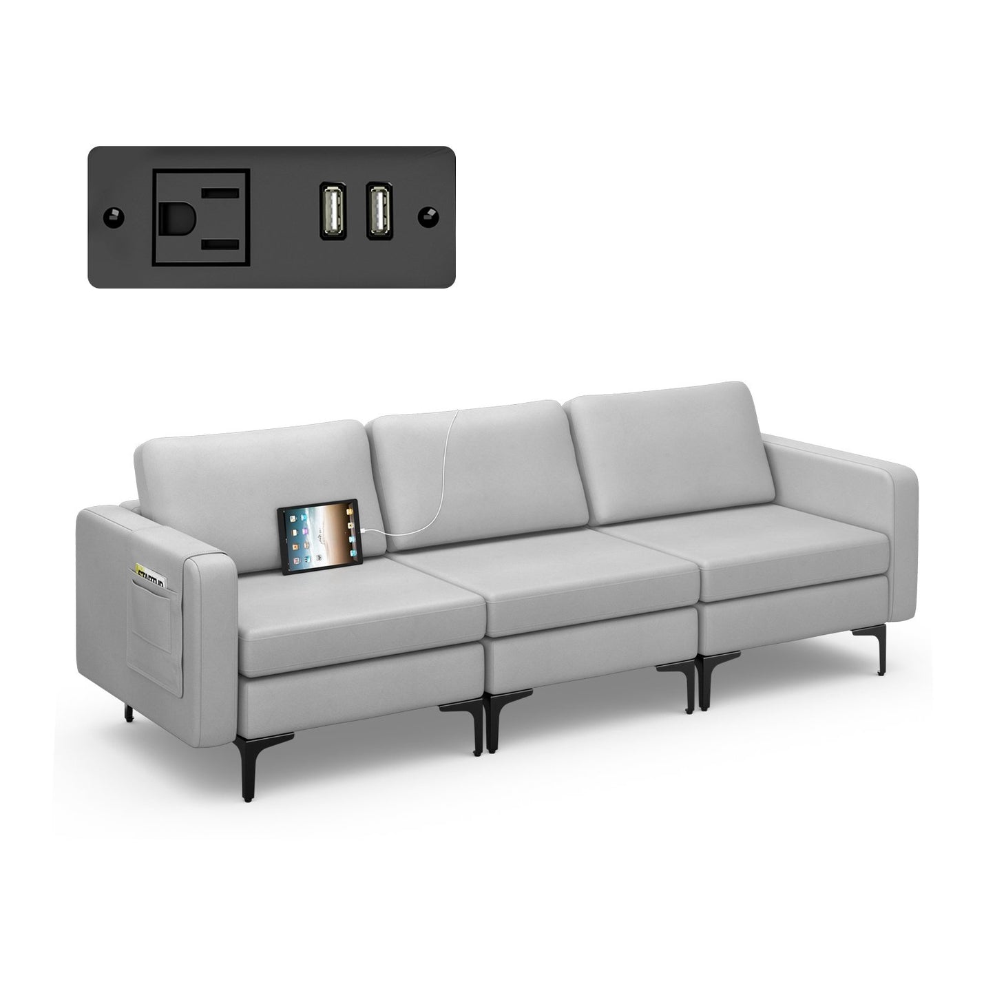 Convertible Leather Sofa Couch with Magazine Pockets 3-Seat with 2 USB Port, Light Gray Sofas & Loveseats   at Gallery Canada