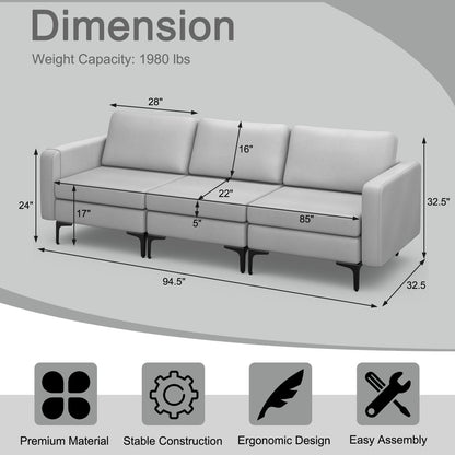 Convertible Leather Sofa Couch with Magazine Pockets 3-Seat with 2 USB Port, Light Gray Sofas & Loveseats   at Gallery Canada