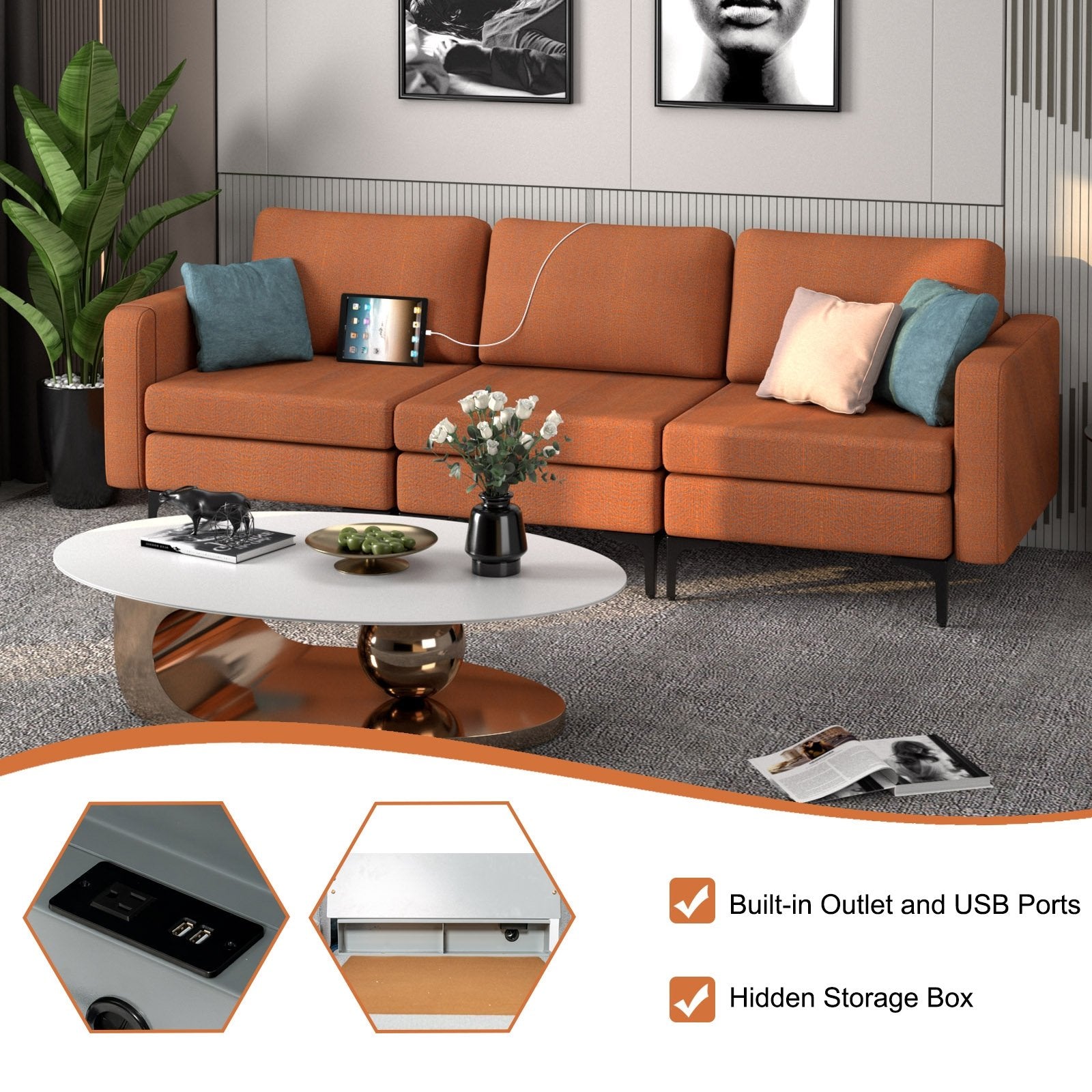 Convertible Leather Sofa Couch with Magazine Pockets 3-Seat with 2 USB Port, Orange Sofas & Loveseats   at Gallery Canada