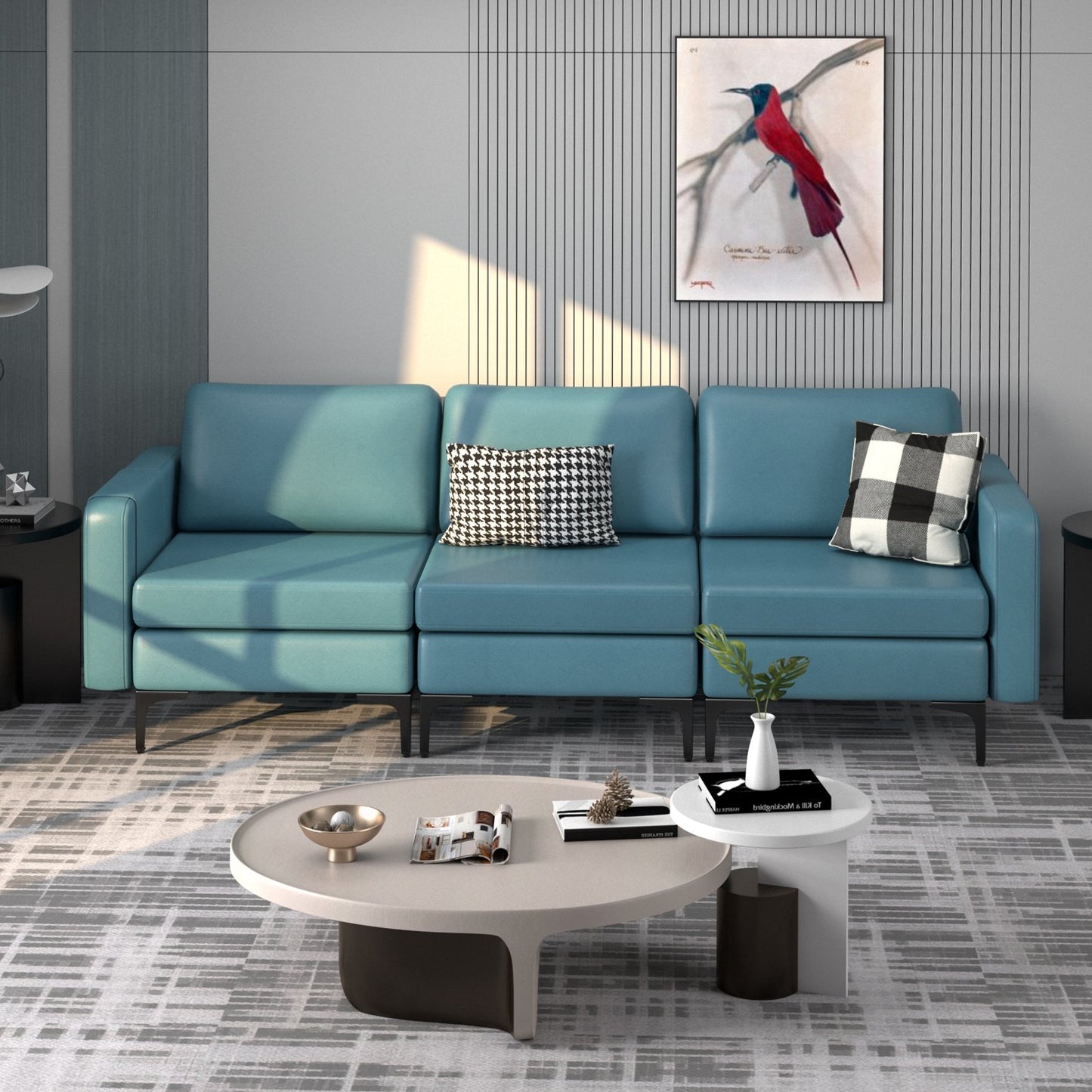 Convertible Leather Sofa Couch with Magazine Pockets 3-Seat with 2 USB Port, Blue Sofas & Loveseats   at Gallery Canada