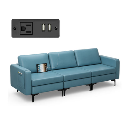 Convertible Leather Sofa Couch with Magazine Pockets 3-Seat with 2 USB Port, Blue Sofas & Loveseats   at Gallery Canada