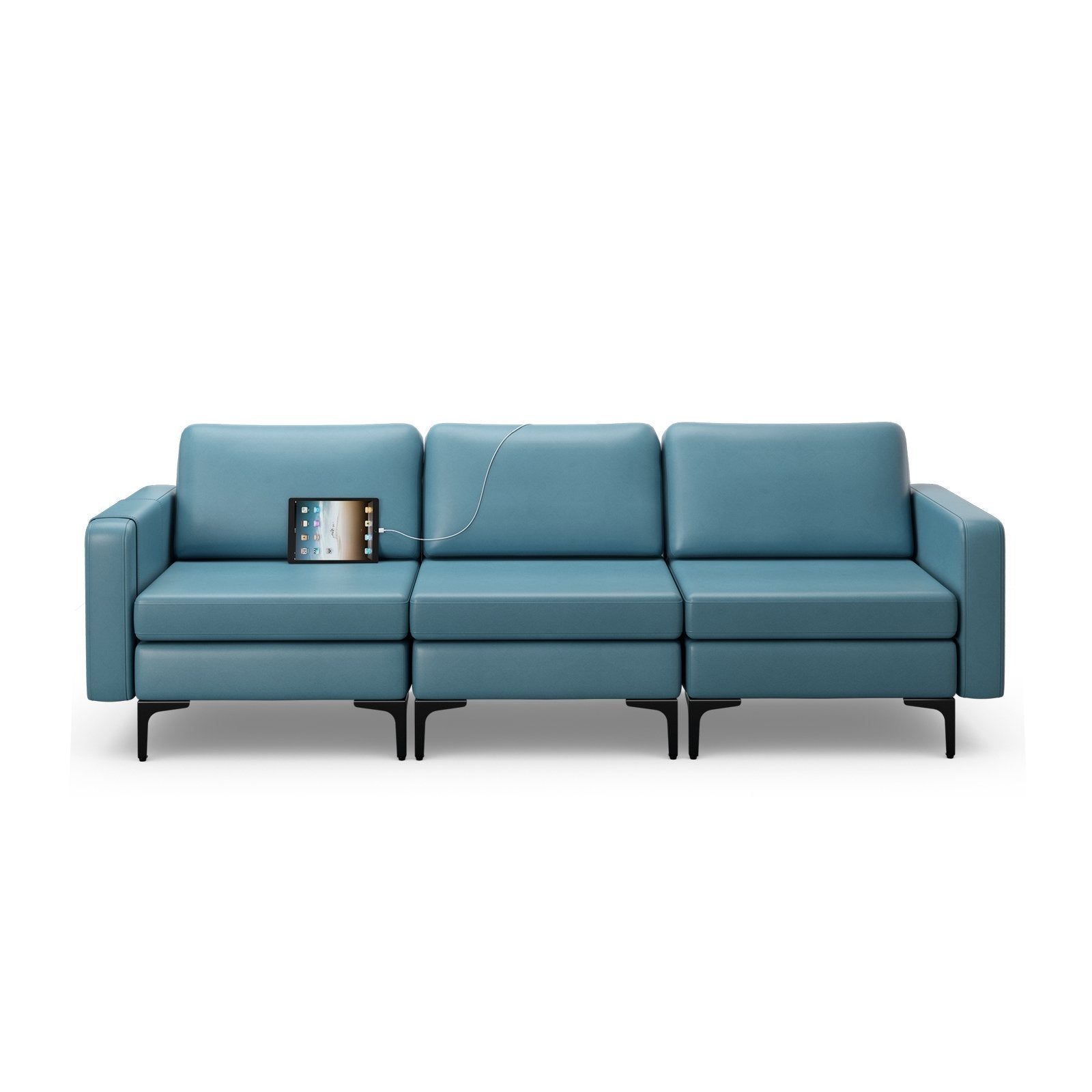 Convertible Leather Sofa Couch with Magazine Pockets 3-Seat with 2 USB Port, Blue Sofas & Loveseats   at Gallery Canada