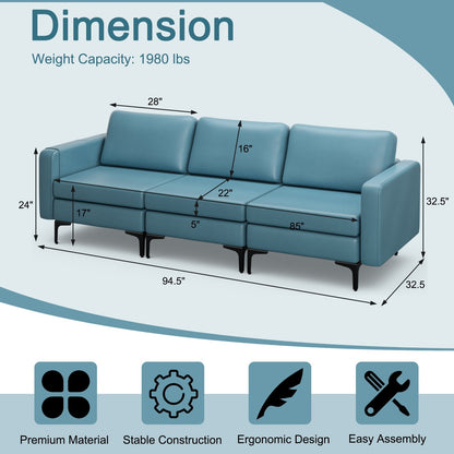 Convertible Leather Sofa Couch with Magazine Pockets 3-Seat with 2 USB Port, Blue Sofas & Loveseats   at Gallery Canada