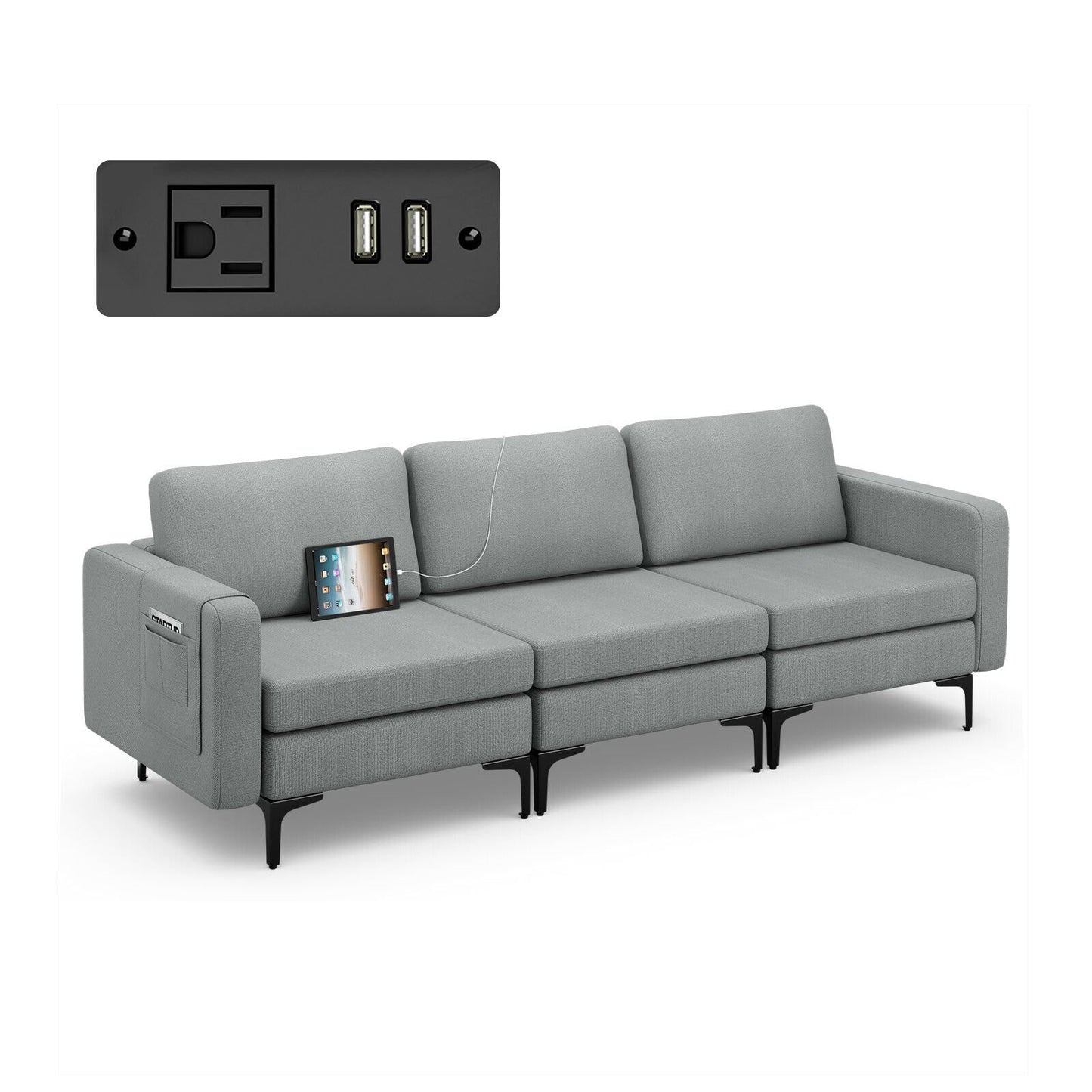 Convertible Leather Sofa Couch with Magazine Pockets 3-Seat with 2 USB Port, Dark Gray Sofas & Loveseats   at Gallery Canada