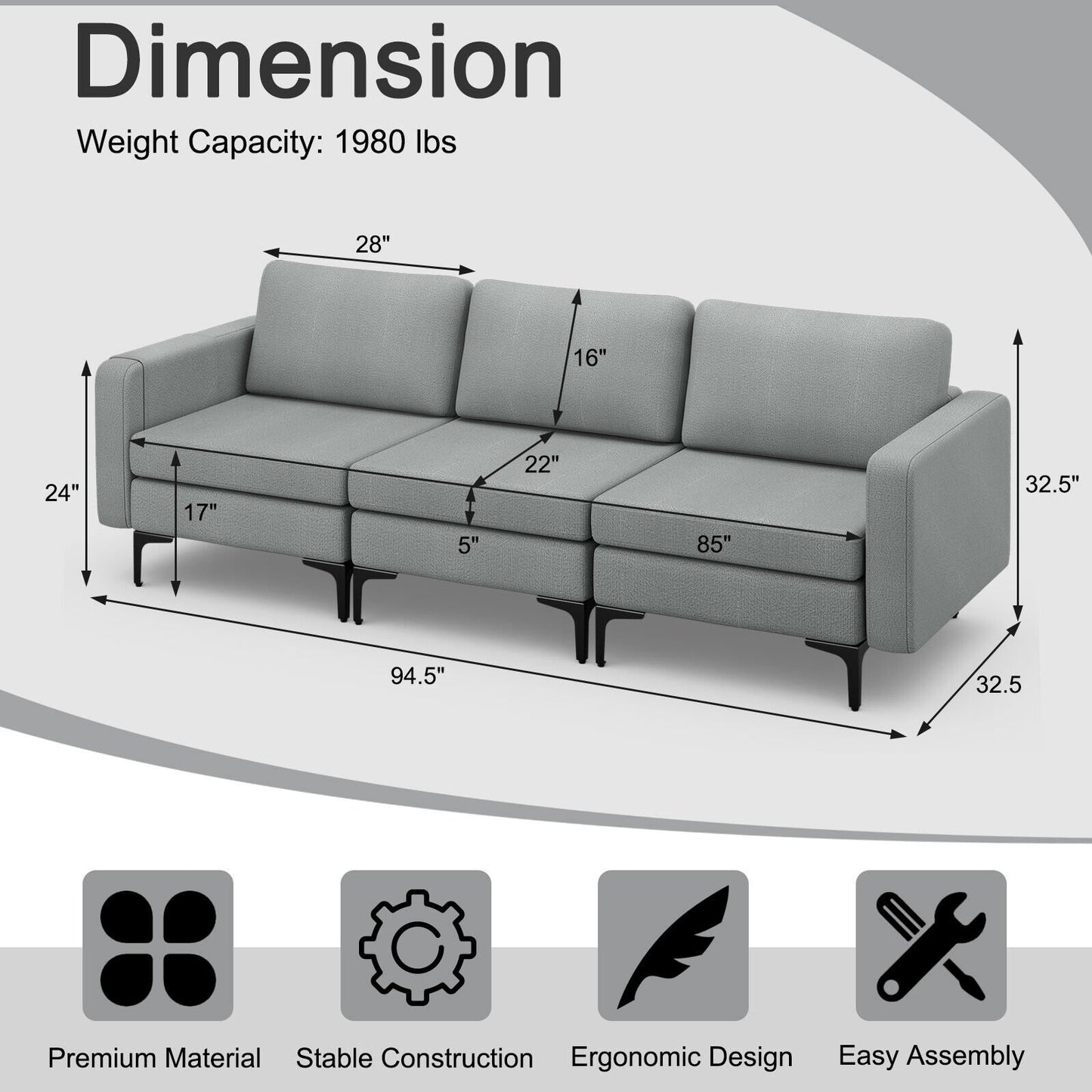 Convertible Leather Sofa Couch with Magazine Pockets 3-Seat with 2 USB Port, Dark Gray Sofas & Loveseats   at Gallery Canada