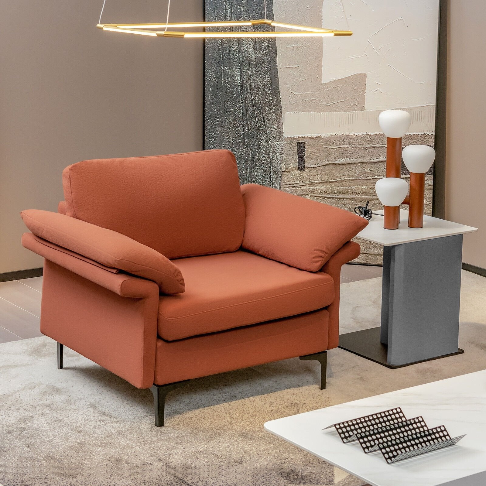 Modern Fabric Accent Armchair with Original Distributed Spring and Armrest Cushions-Rust Red, Rust Sofas & Loveseats   at Gallery Canada