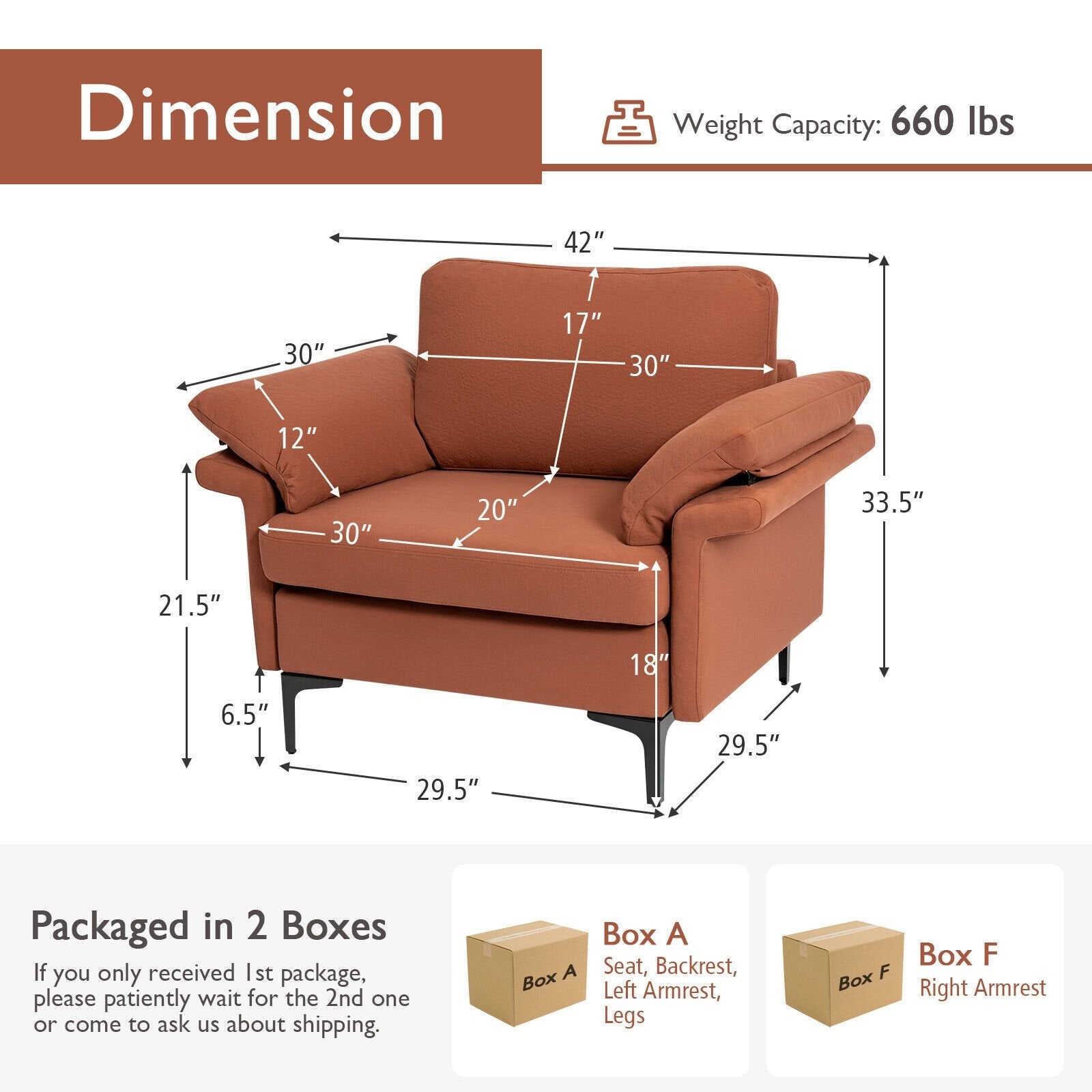 Modern Fabric Accent Armchair with Original Distributed Spring and Armrest Cushions-Rust Red, Rust Sofas & Loveseats   at Gallery Canada