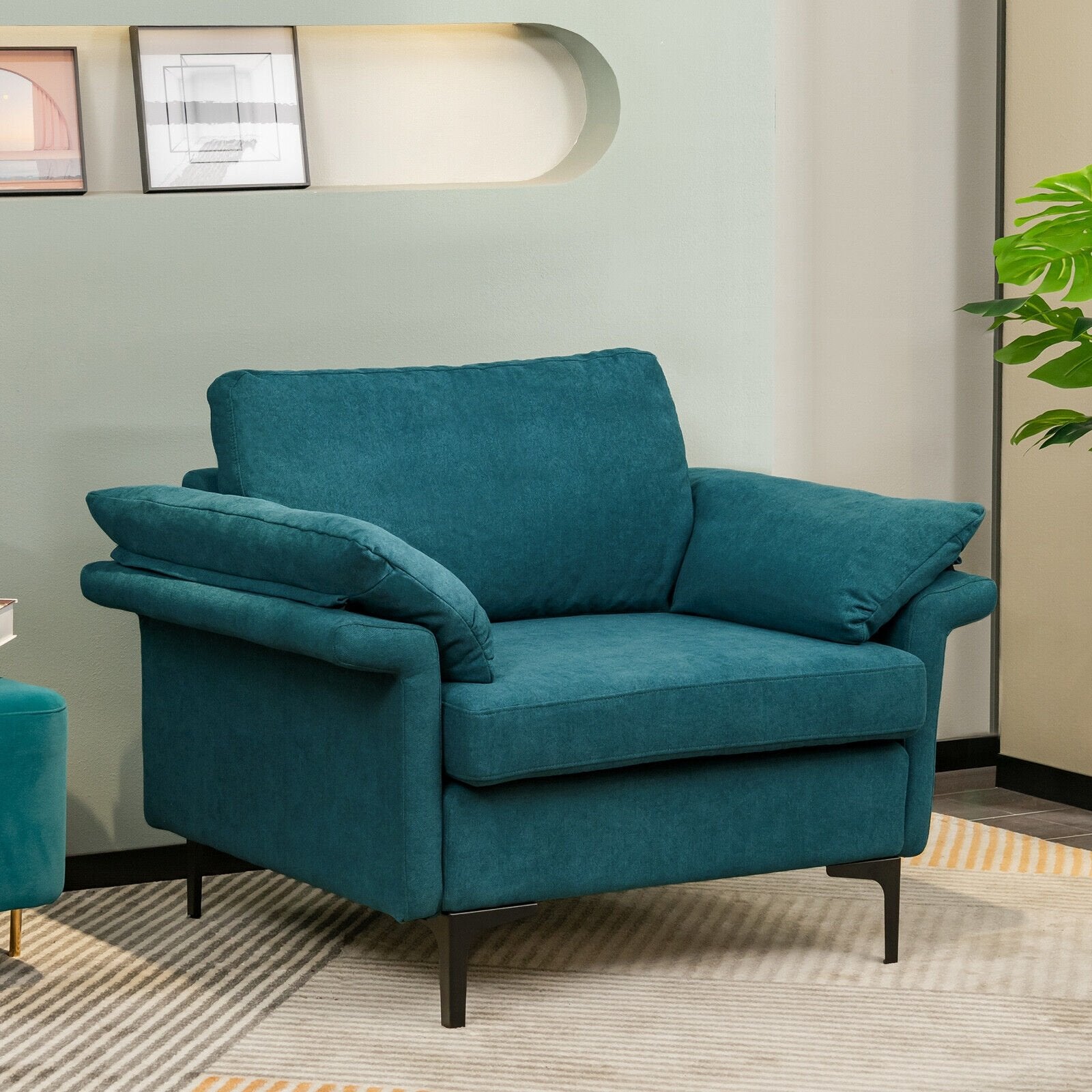 Modern Fabric Accent Armchair with Original Distributed Spring and Armrest Cushions, Peacock Blue Sofas & Loveseats   at Gallery Canada