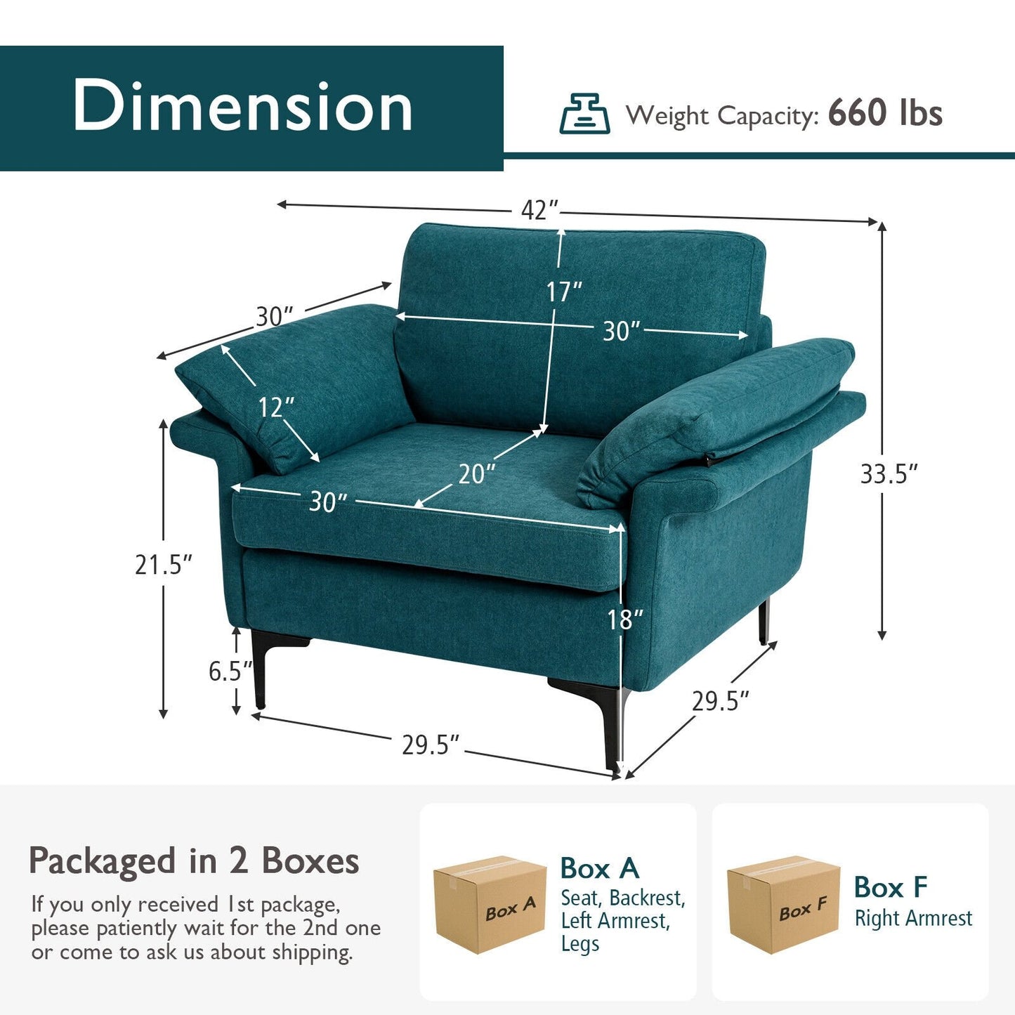 Modern Fabric Accent Armchair with Original Distributed Spring and Armrest Cushions, Peacock Blue Sofas & Loveseats   at Gallery Canada