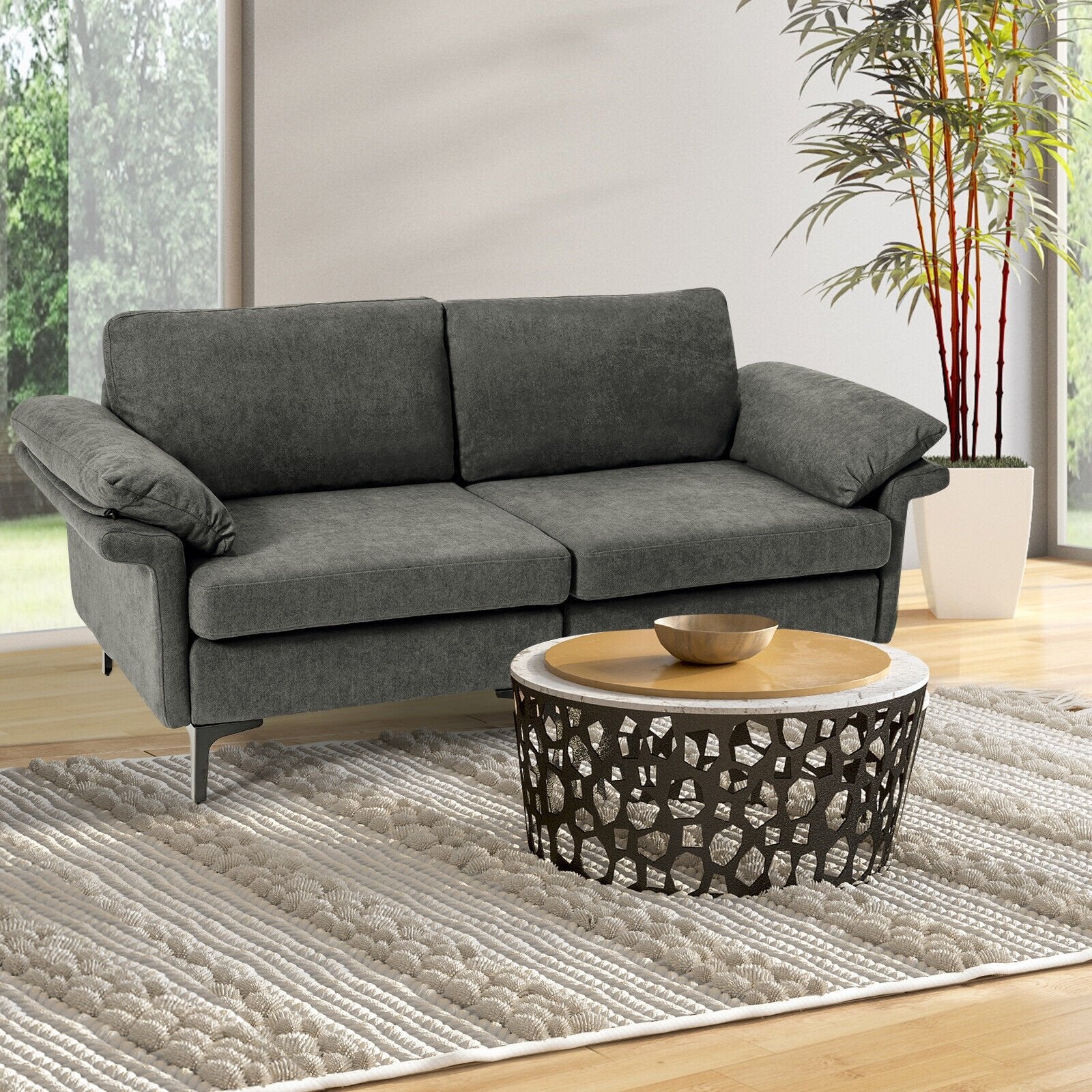 Modern Fabric Loveseat Sofa for with Metal Legs and Armrest Pillows, Gray Sofas & Loveseats   at Gallery Canada