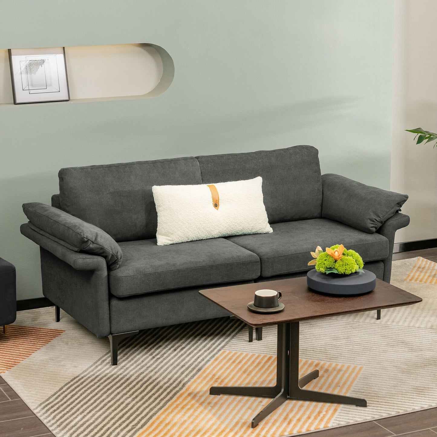 Modern Fabric Loveseat Sofa for with Metal Legs and Armrest Pillows, Gray Sofas & Loveseats   at Gallery Canada