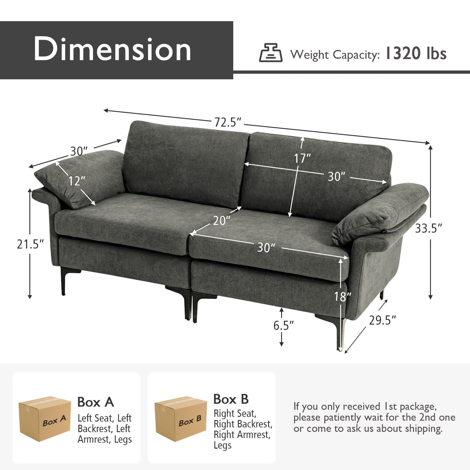 Modern Fabric Loveseat Sofa for with Metal Legs and Armrest Pillows, Gray Sofas & Loveseats   at Gallery Canada