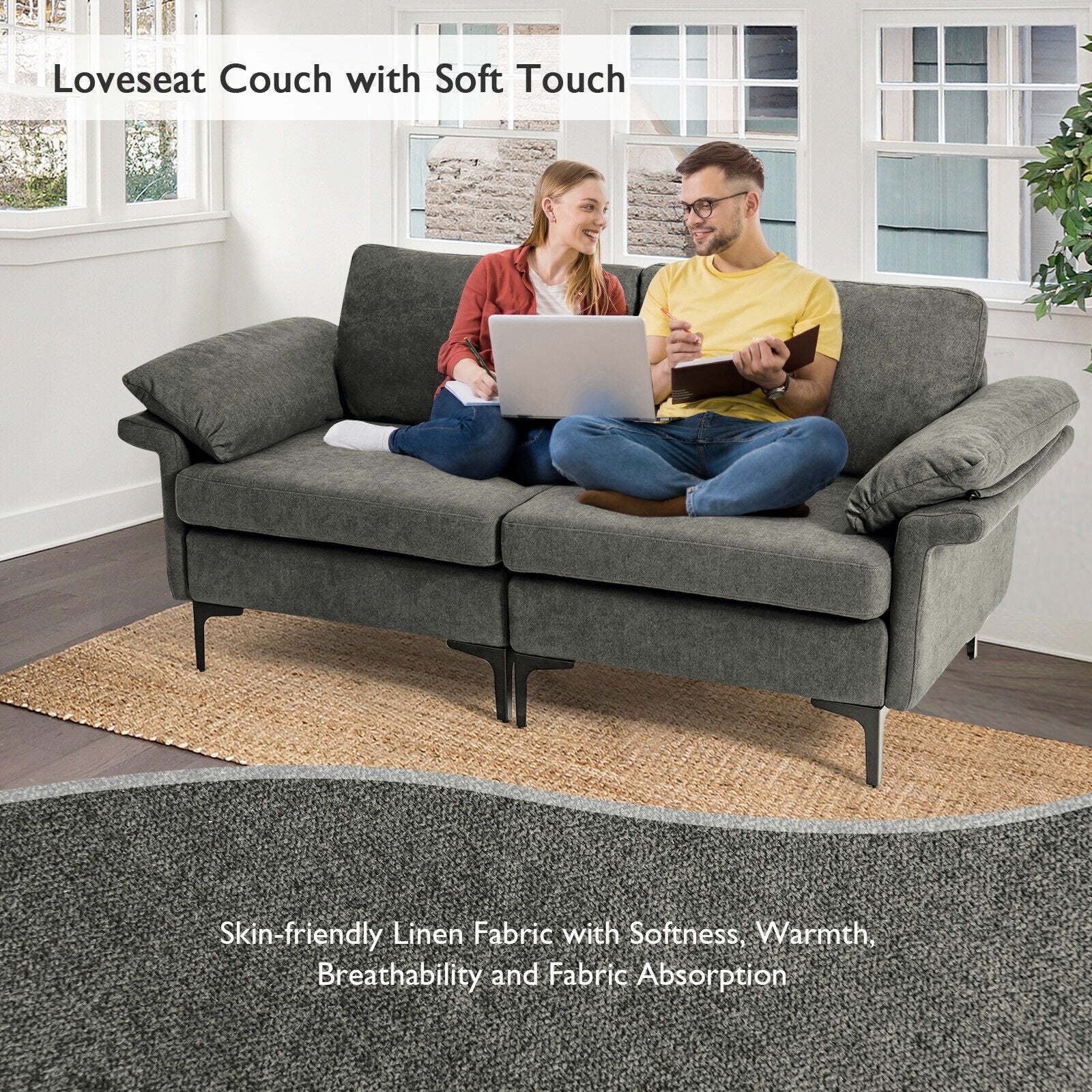 Modern Fabric Loveseat Sofa for with Metal Legs and Armrest Pillows, Gray Sofas & Loveseats   at Gallery Canada