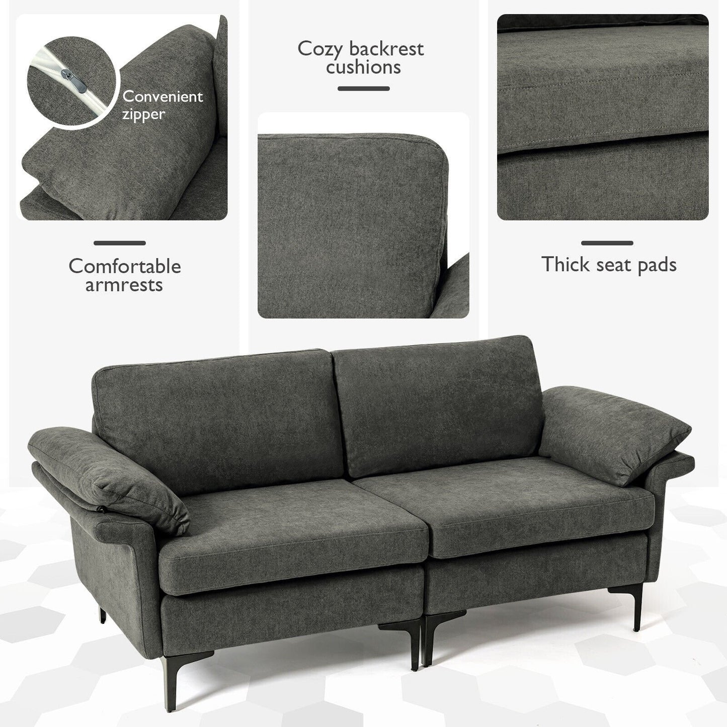 Modern Fabric Loveseat Sofa for with Metal Legs and Armrest Pillows, Gray Sofas & Loveseats   at Gallery Canada