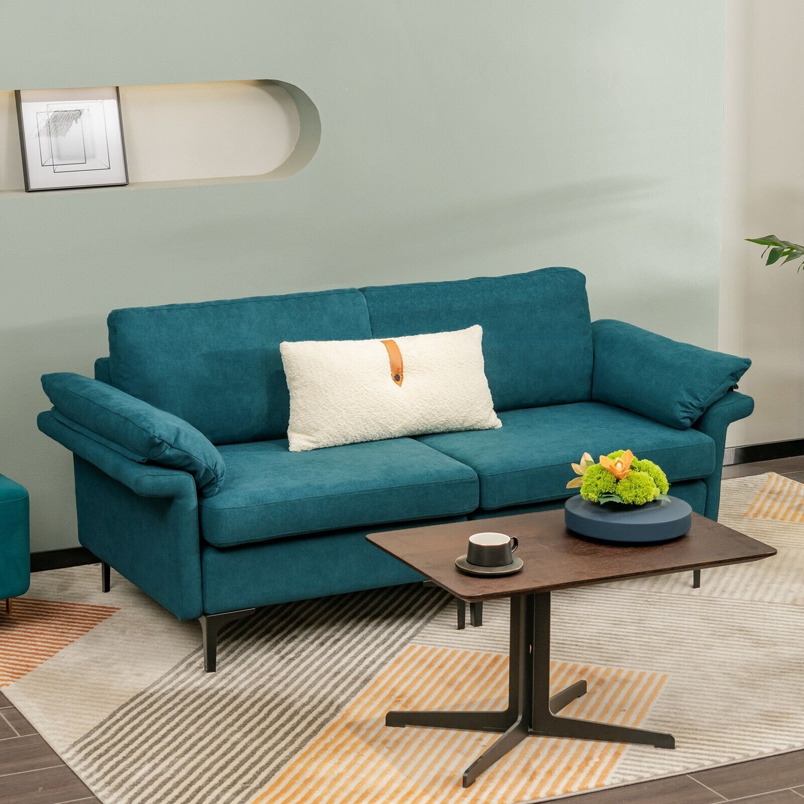 Modern Fabric Loveseat Sofa for with Metal Legs and Armrest Pillows, Peacock Blue Sofas & Loveseats   at Gallery Canada