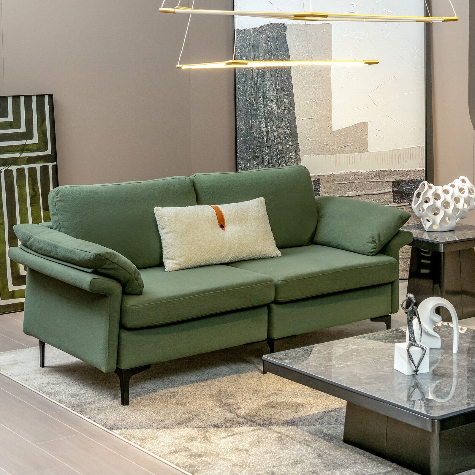 Modern Fabric Loveseat Sofa for with Metal Legs and Armrest Pillows, Army Green Sofas & Loveseats   at Gallery Canada