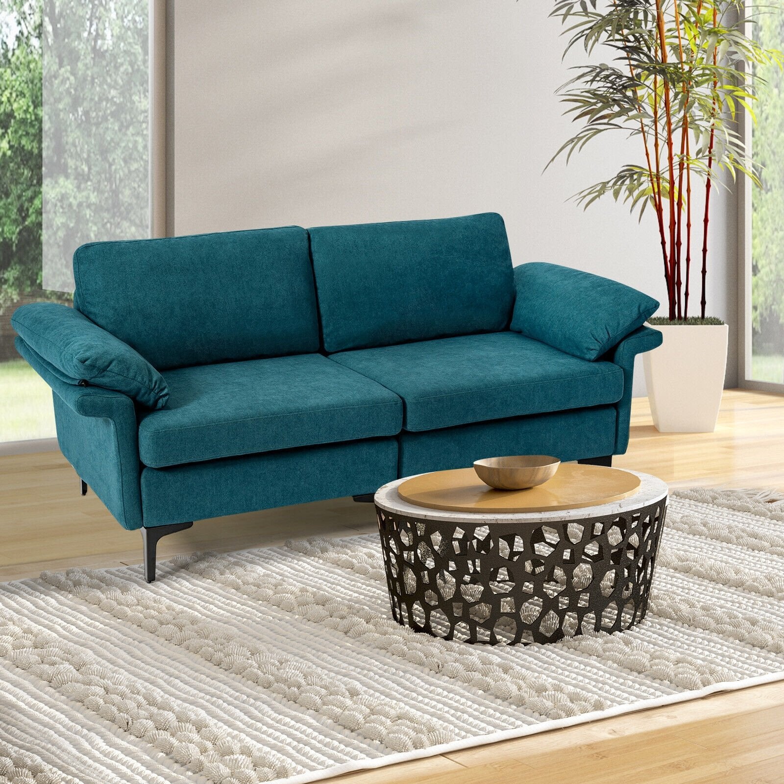 Modern Fabric Loveseat Sofa for with Metal Legs and Armrest Pillows, Peacock Blue Sofas & Loveseats   at Gallery Canada