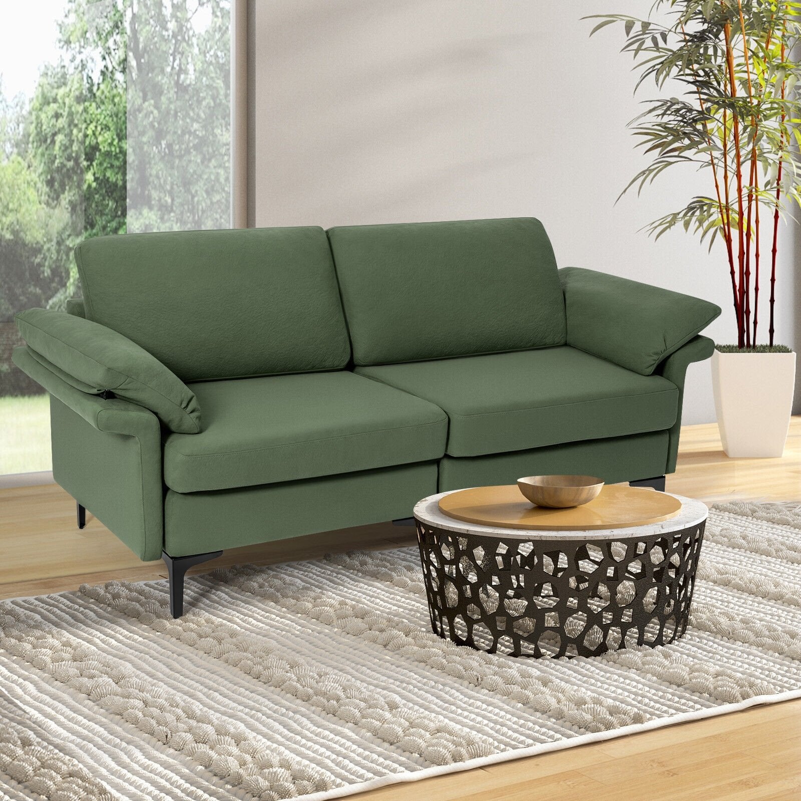 Modern Fabric Loveseat Sofa for with Metal Legs and Armrest Pillows, Army Green Sofas & Loveseats   at Gallery Canada