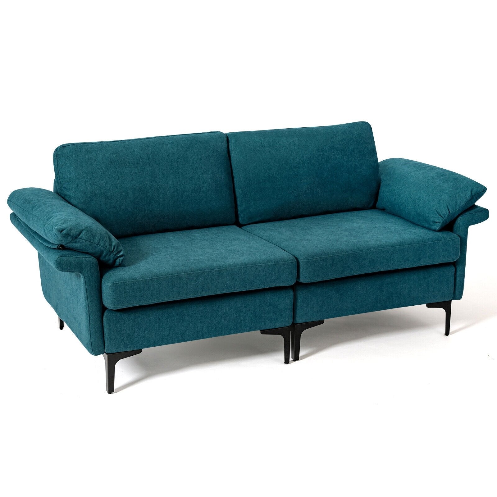 Modern Fabric Loveseat Sofa for with Metal Legs and Armrest Pillows, Peacock Blue Sofas & Loveseats   at Gallery Canada