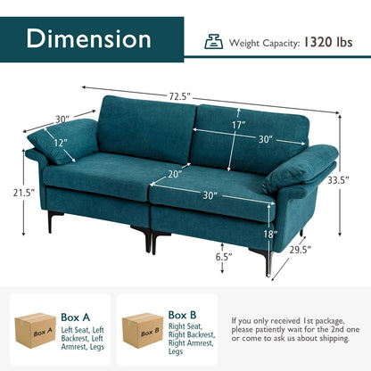 Modern Fabric Loveseat Sofa for with Metal Legs and Armrest Pillows, Peacock Blue Sofas & Loveseats   at Gallery Canada