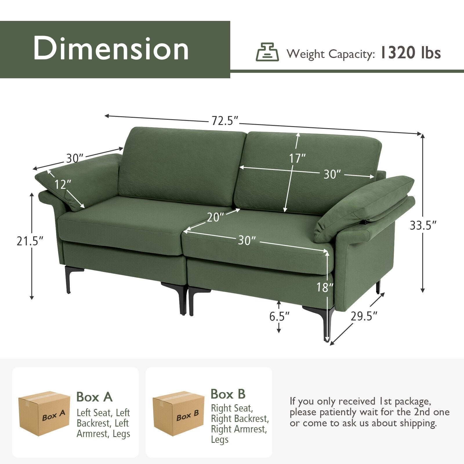 Modern Fabric Loveseat Sofa for with Metal Legs and Armrest Pillows, Army Green Sofas & Loveseats   at Gallery Canada