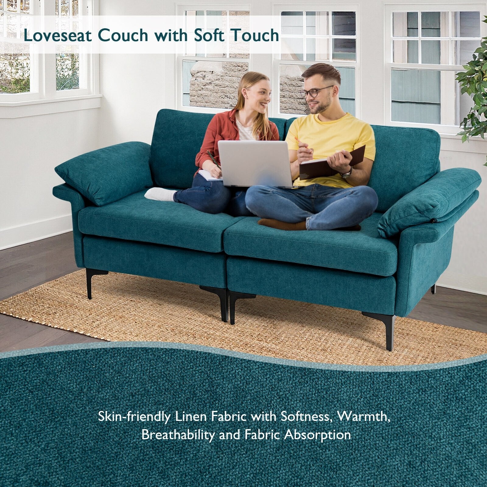 Modern Fabric Loveseat Sofa for with Metal Legs and Armrest Pillows, Peacock Blue Sofas & Loveseats   at Gallery Canada