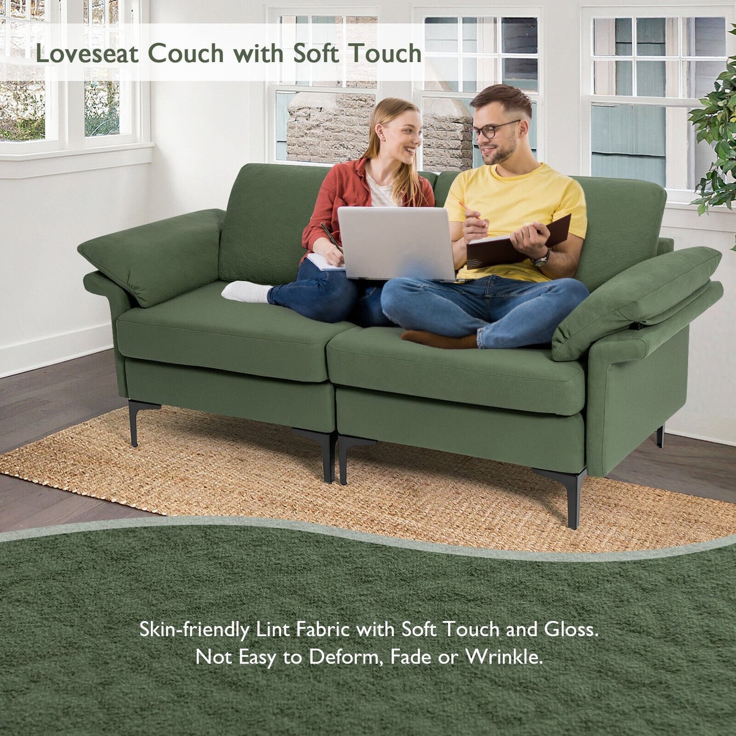 Modern Fabric Loveseat Sofa for with Metal Legs and Armrest Pillows, Army Green Sofas & Loveseats   at Gallery Canada