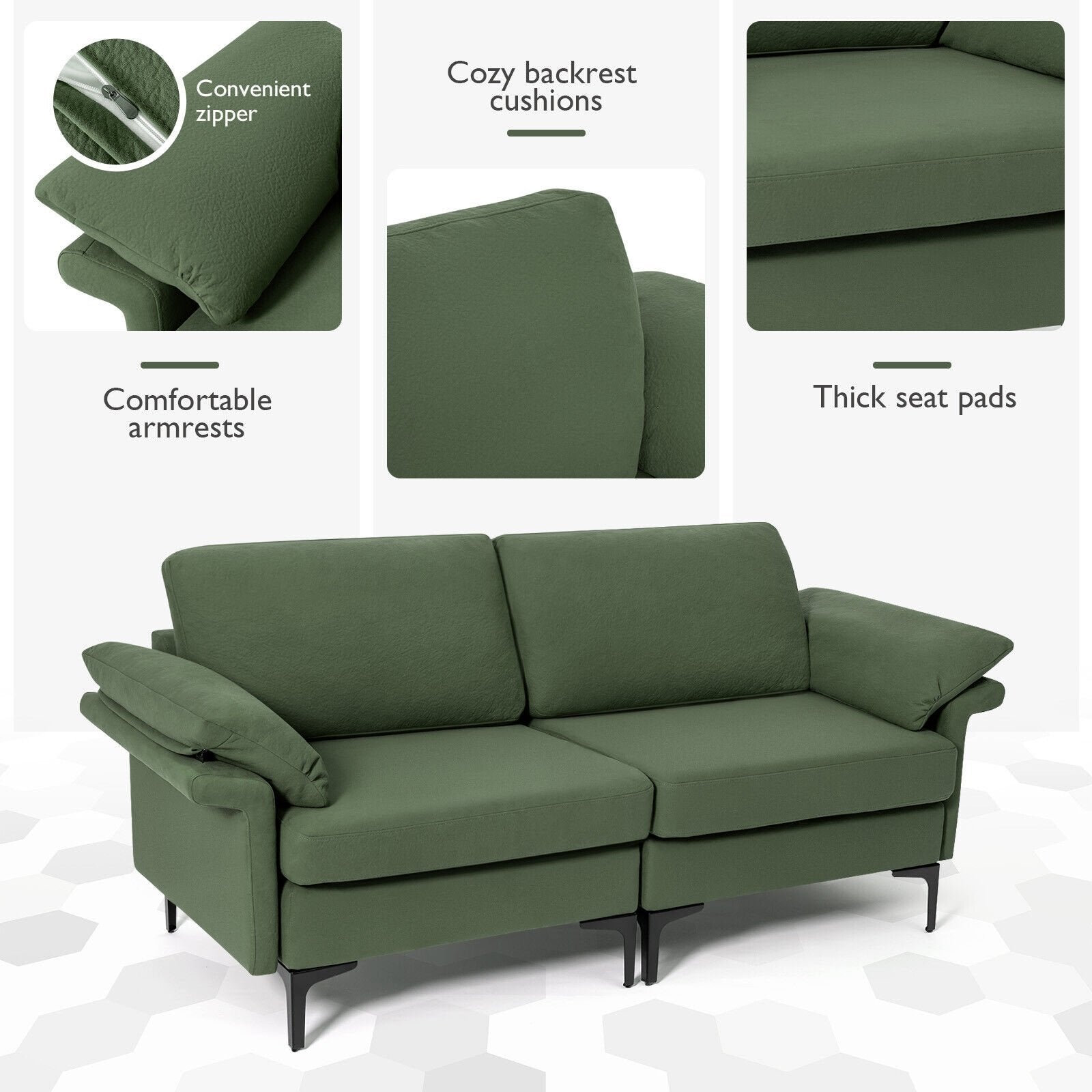 Modern Fabric Loveseat Sofa for with Metal Legs and Armrest Pillows, Army Green Sofas & Loveseats   at Gallery Canada