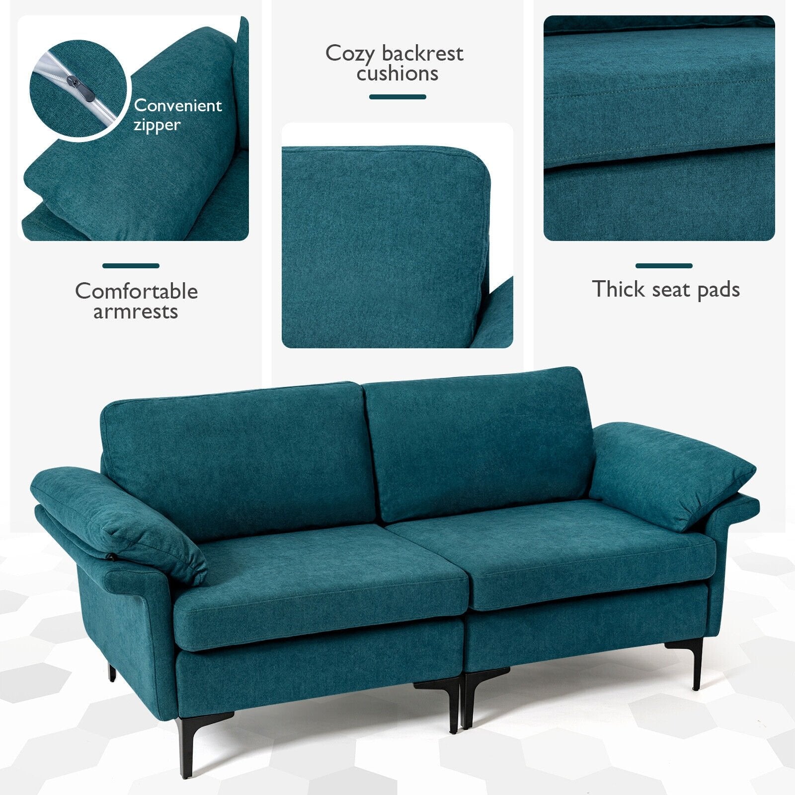 Modern Fabric Loveseat Sofa for with Metal Legs and Armrest Pillows, Peacock Blue Sofas & Loveseats   at Gallery Canada