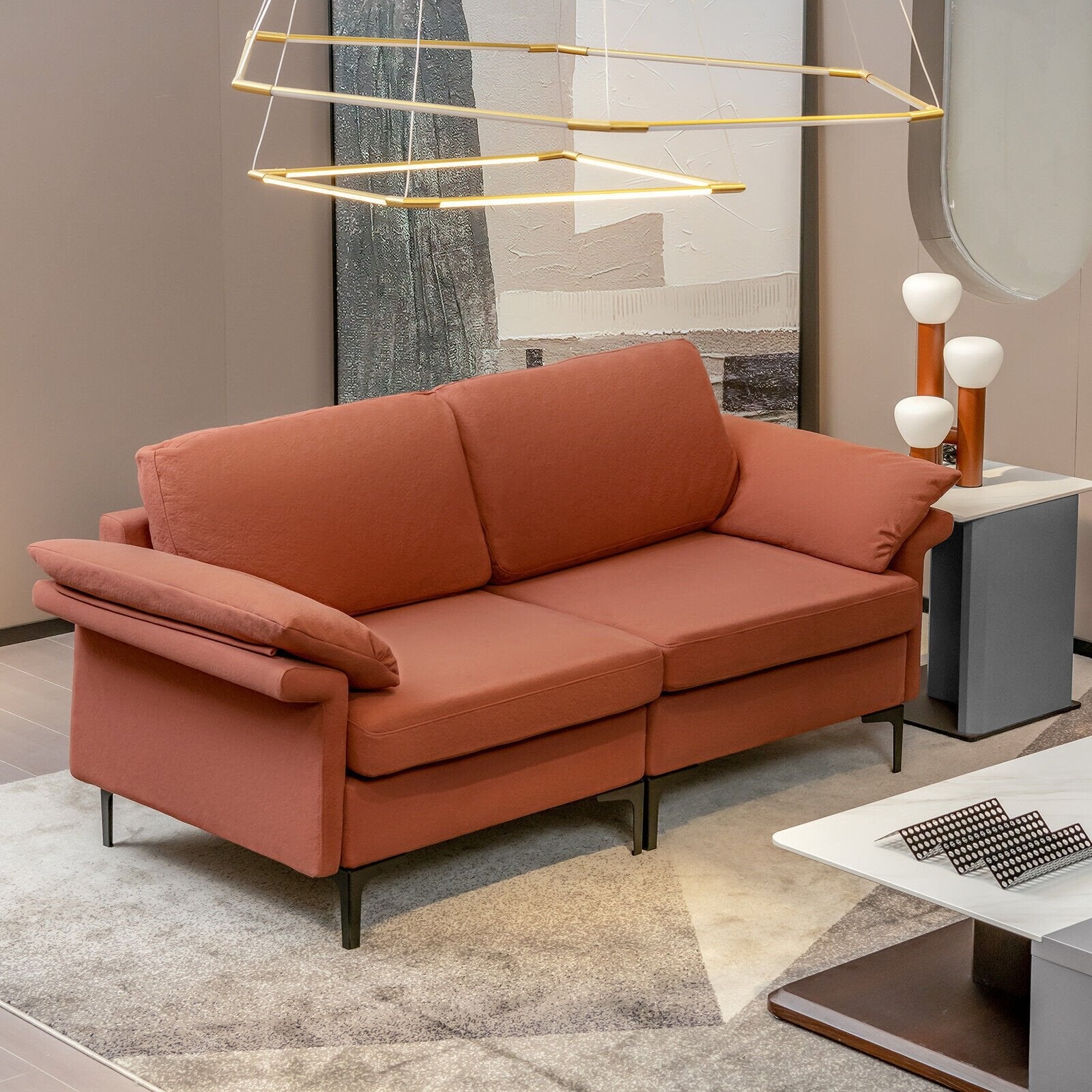 Modern Fabric Loveseat Sofa for with Metal Legs and Armrest Pillows-Rust Red, Rust Sofas & Loveseats   at Gallery Canada