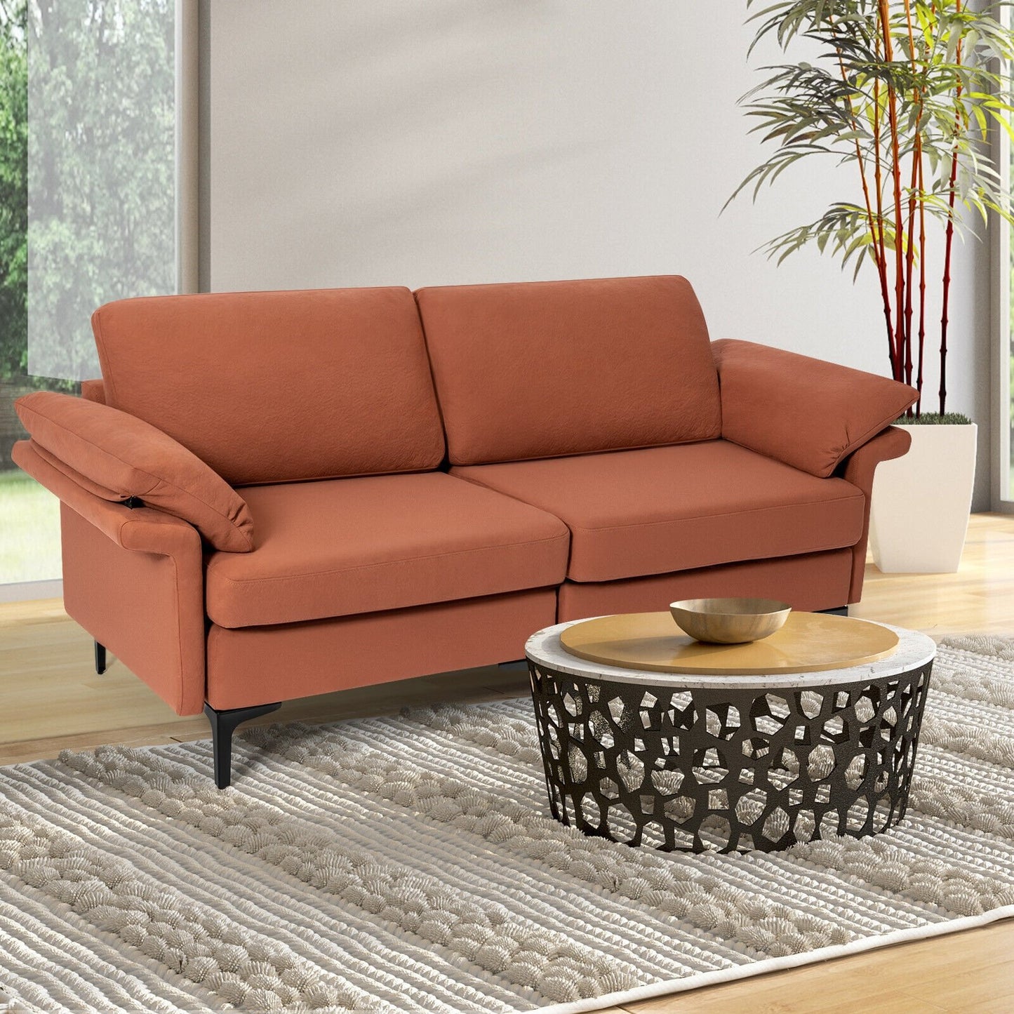 Modern Fabric Loveseat Sofa for with Metal Legs and Armrest Pillows-Rust Red, Rust Sofas & Loveseats   at Gallery Canada