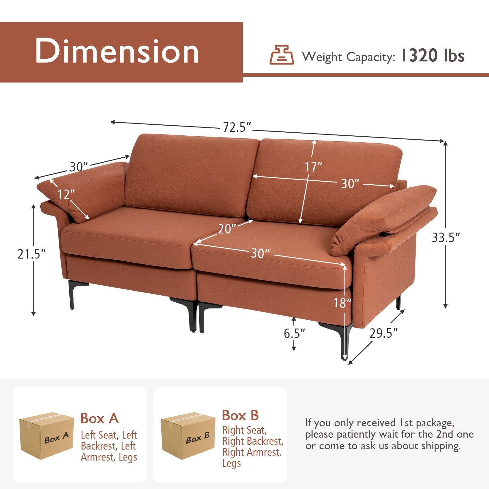 Modern Fabric Loveseat Sofa for with Metal Legs and Armrest Pillows-Rust Red, Rust Sofas & Loveseats   at Gallery Canada