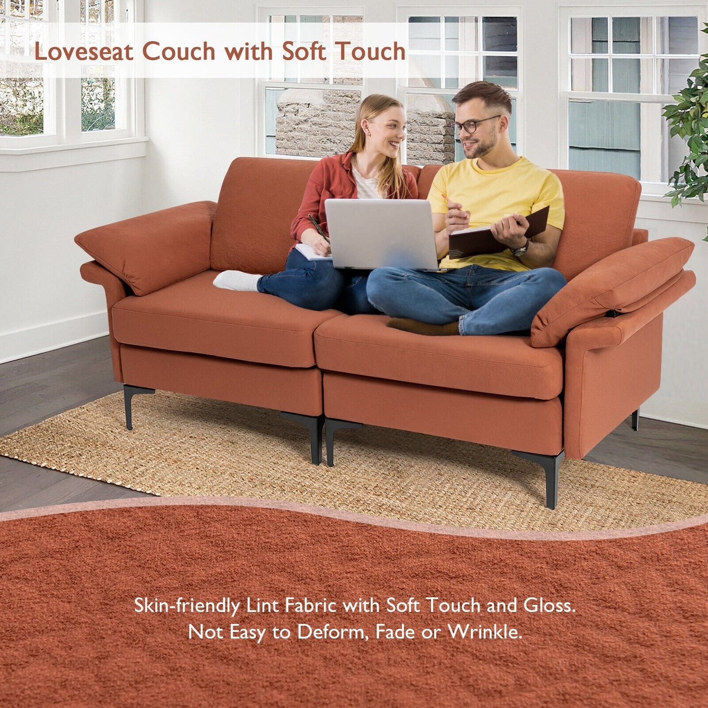 Modern Fabric Loveseat Sofa for with Metal Legs and Armrest Pillows-Rust Red, Rust Sofas & Loveseats   at Gallery Canada