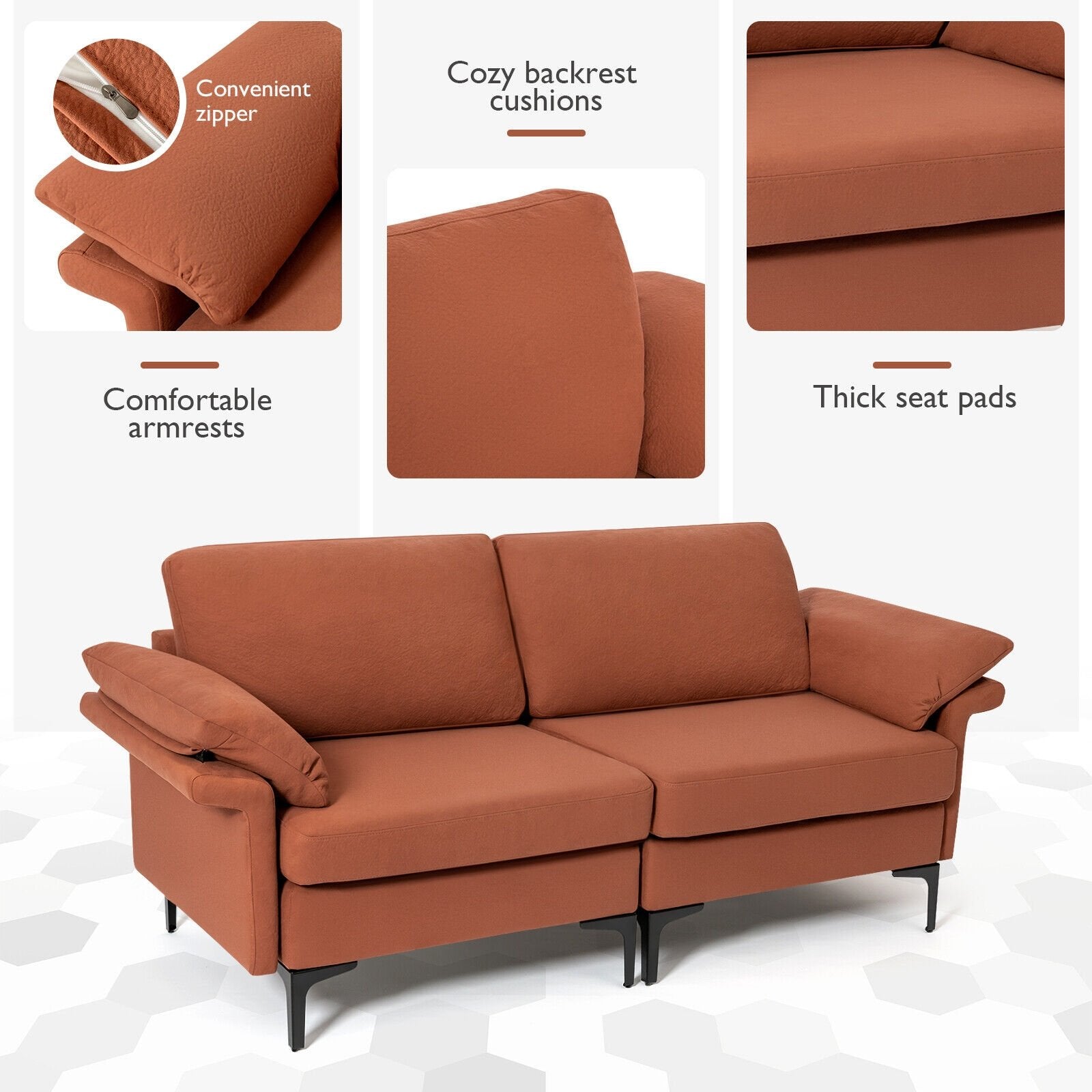 Modern Fabric Loveseat Sofa for with Metal Legs and Armrest Pillows-Rust Red, Rust Sofas & Loveseats   at Gallery Canada