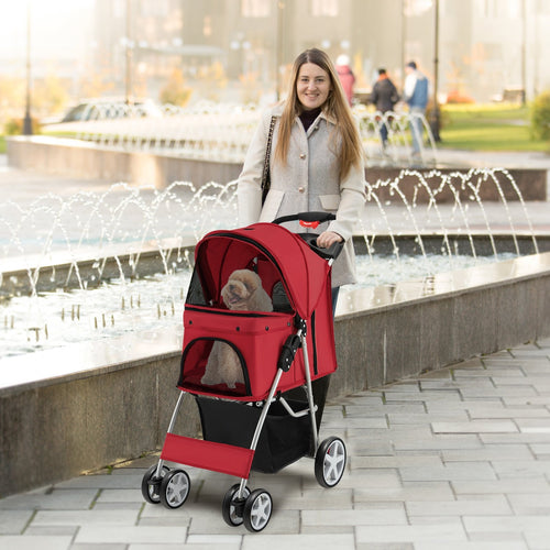 Folding Pet Stroller with Storage Basket and Adjustable Canopy, Red