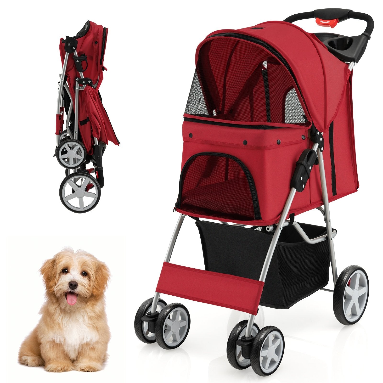 Folding Pet Stroller with Storage Basket and Adjustable Canopy, Red Dog Supplies   at Gallery Canada