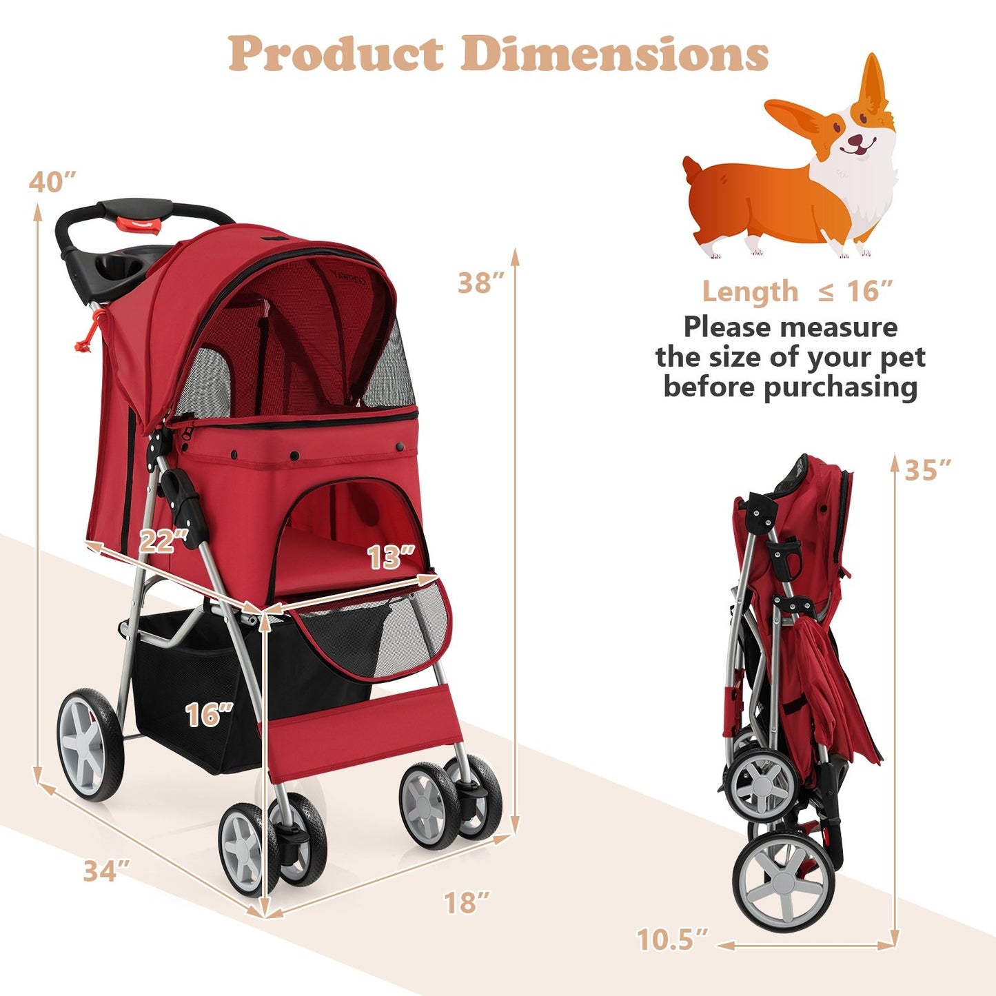 Folding Pet Stroller with Storage Basket and Adjustable Canopy, Red Dog Supplies   at Gallery Canada