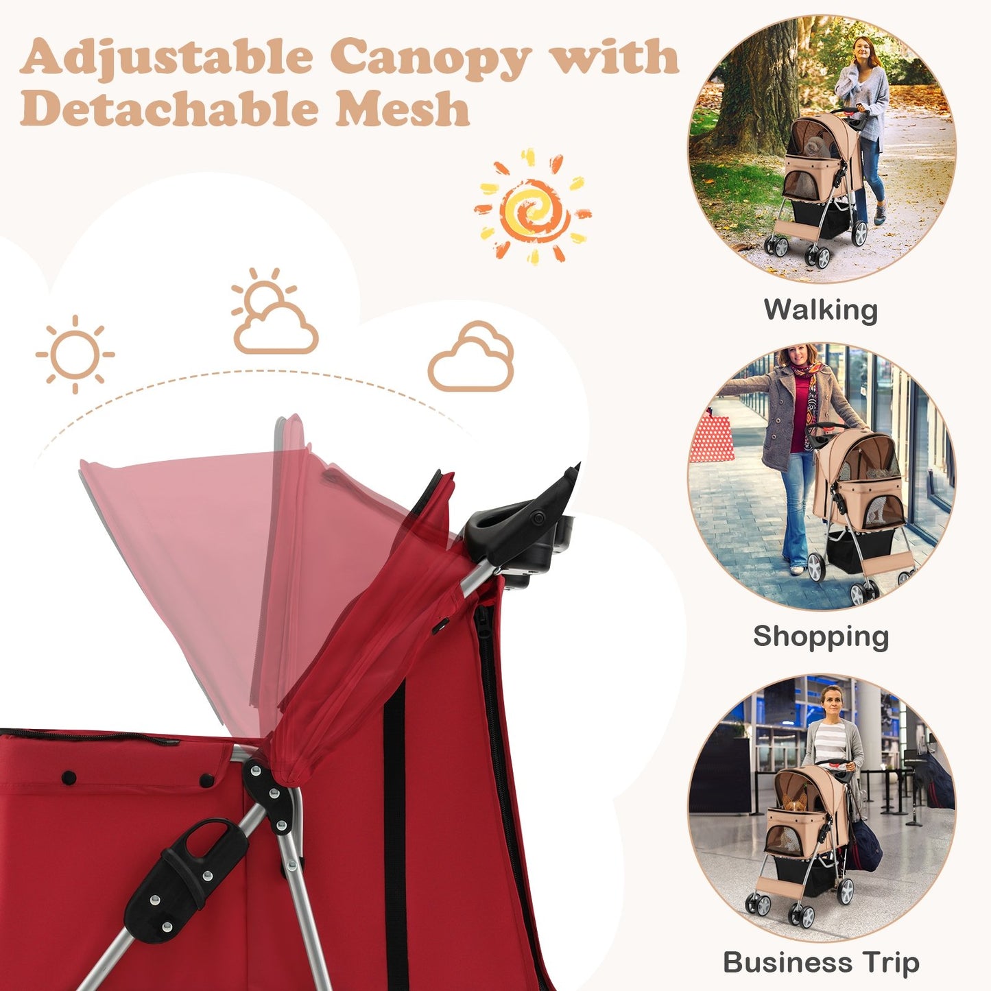 Folding Pet Stroller with Storage Basket and Adjustable Canopy, Red Dog Supplies   at Gallery Canada