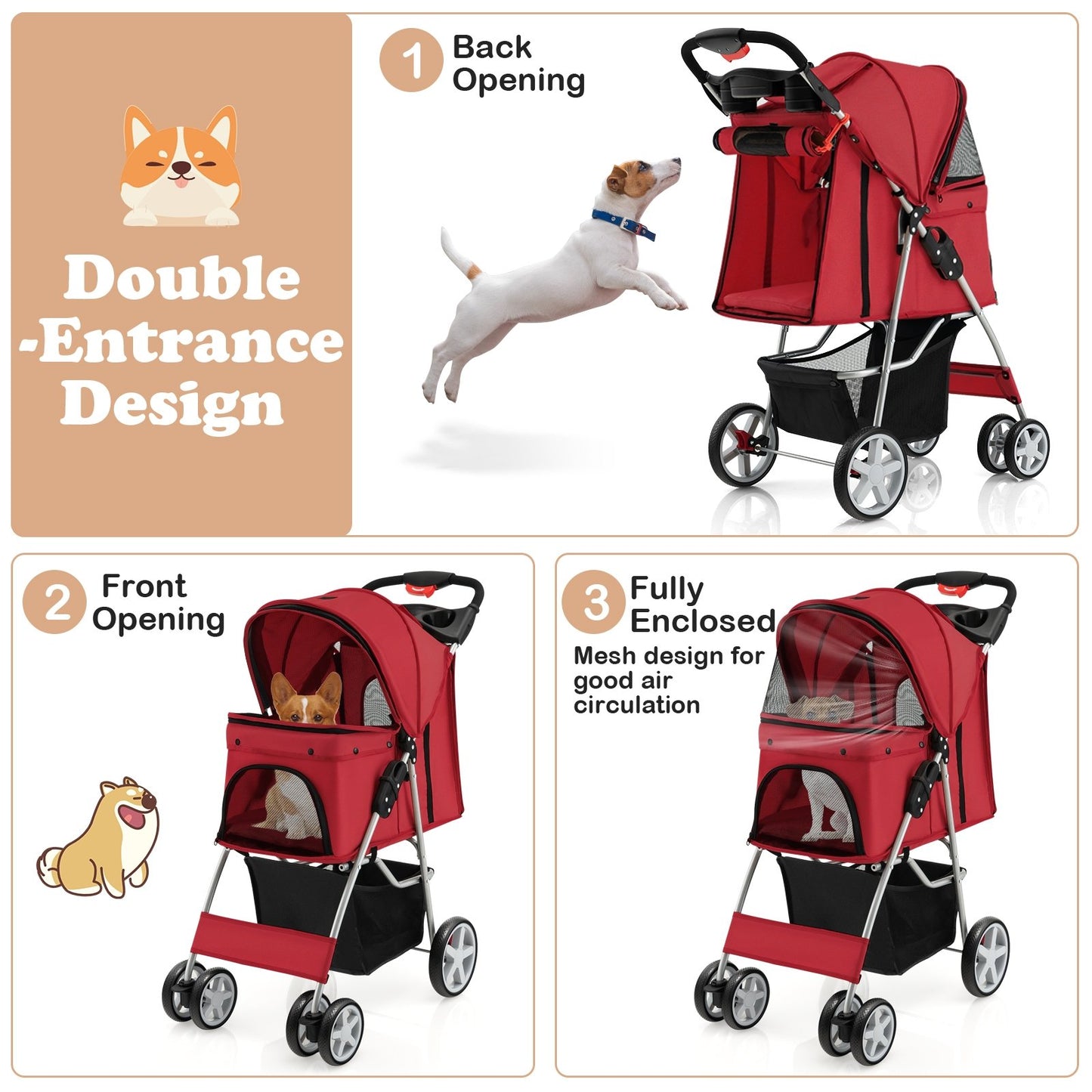 Folding Pet Stroller with Storage Basket and Adjustable Canopy, Red Dog Supplies   at Gallery Canada