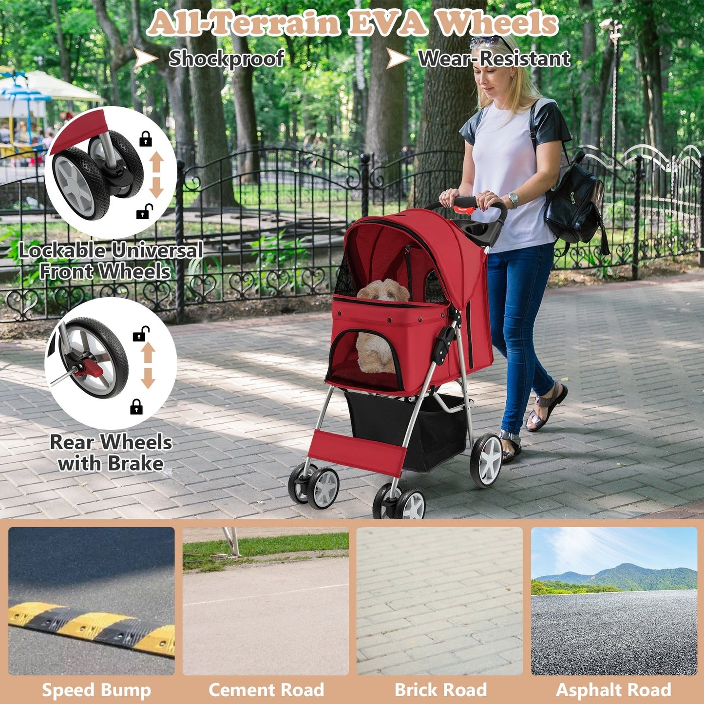 Folding Pet Stroller with Storage Basket and Adjustable Canopy, Red Dog Supplies   at Gallery Canada