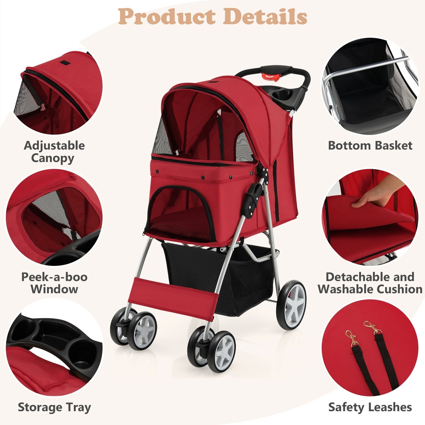 Folding Pet Stroller with Storage Basket and Adjustable Canopy, Red Dog Supplies   at Gallery Canada