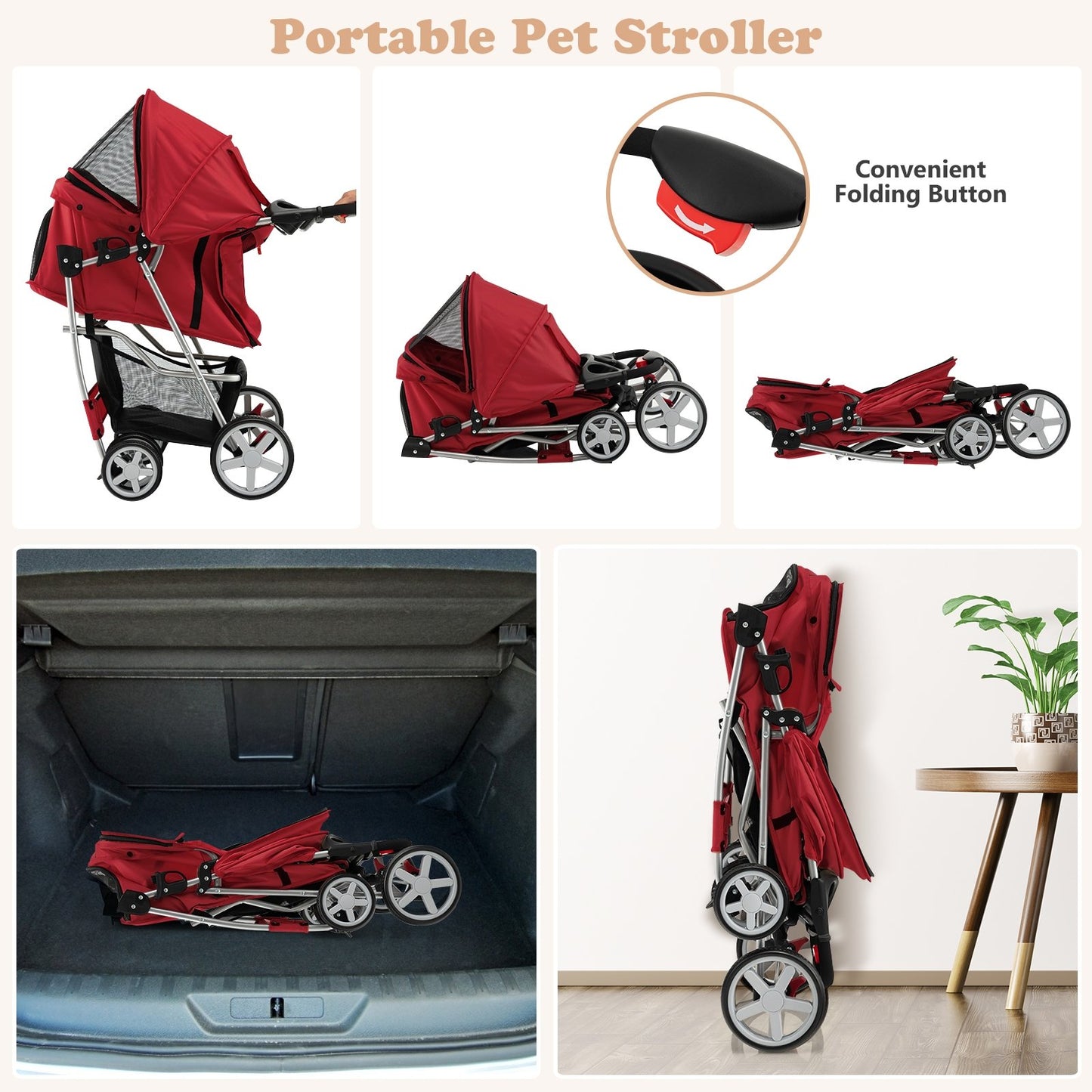 Folding Pet Stroller with Storage Basket and Adjustable Canopy, Red Dog Supplies   at Gallery Canada