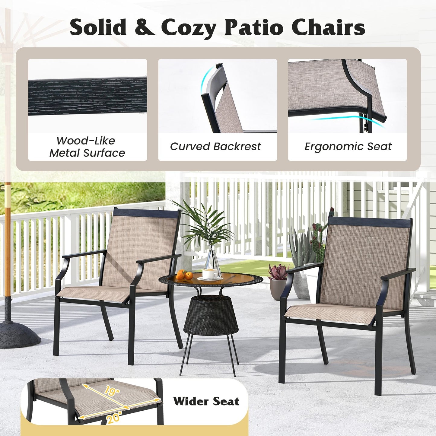 4 Piece Patio Dining Chairs Large Outdoor Chairs with Breathable Seat and Metal Frame, Coffee Patio Dining Chairs   at Gallery Canada