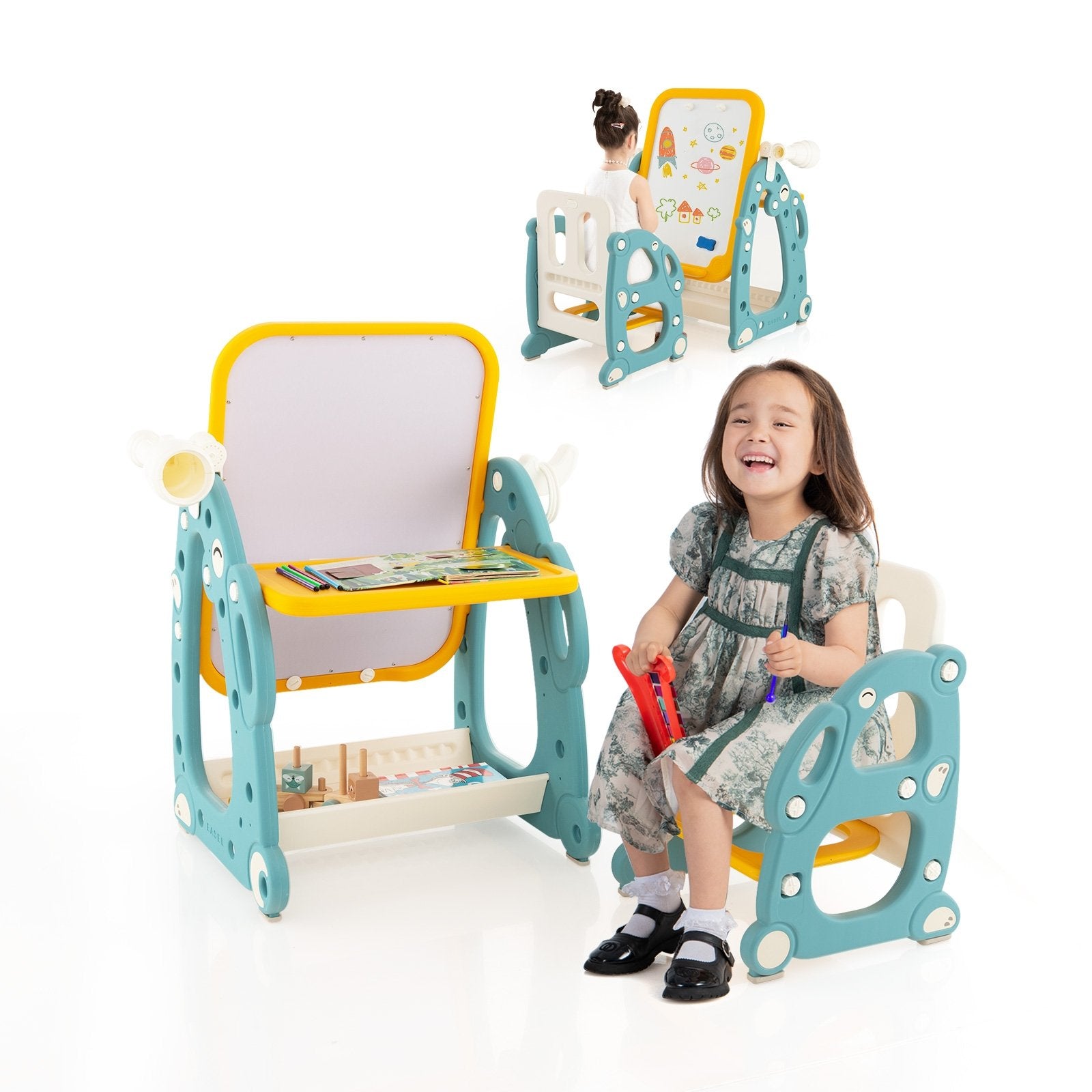 Kids Art Easel with Chair and 3-Level Adjustable Whiteboard, Multicolor Art Easels Multicolor at Gallery Canada