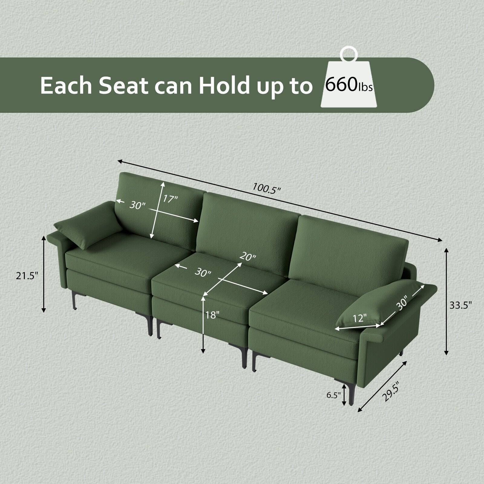 Large 3-Seat Sofa Sectional with Metal Legs for 3-4 people, Army Green Sofas & Loveseats   at Gallery Canada