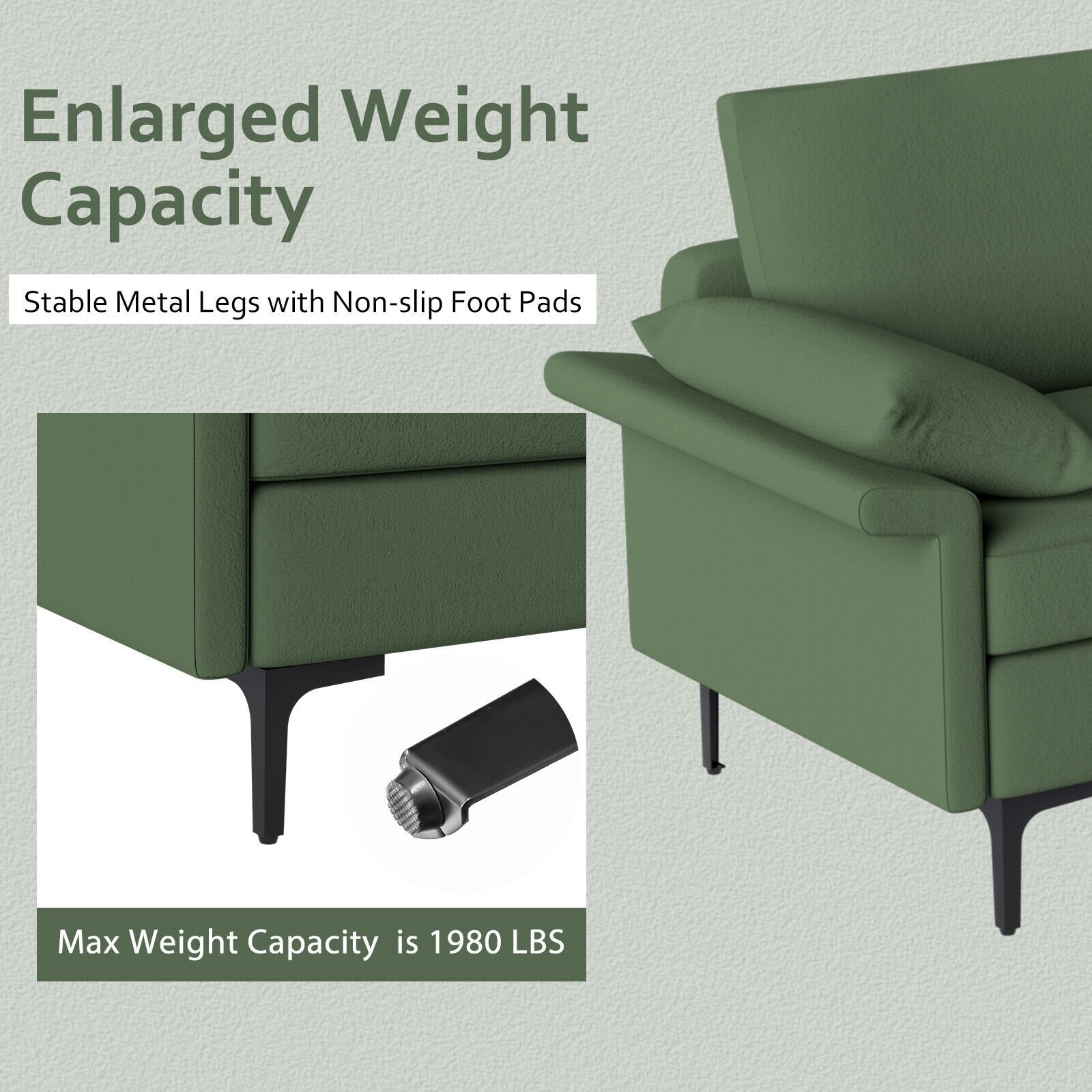 Large 3-Seat Sofa Sectional with Metal Legs for 3-4 people, Army Green Sofas & Loveseats   at Gallery Canada